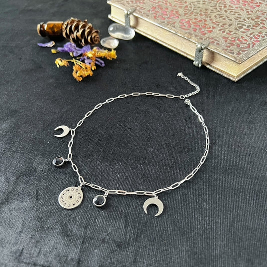 astrology zodiac wheel choker necklace paper clip chain black rhinestone gothic witch occult jewelry baguette magick