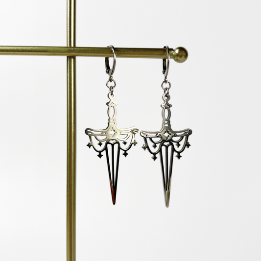 Athame dagger earrings, silver tone stainless steel Baguette Magick