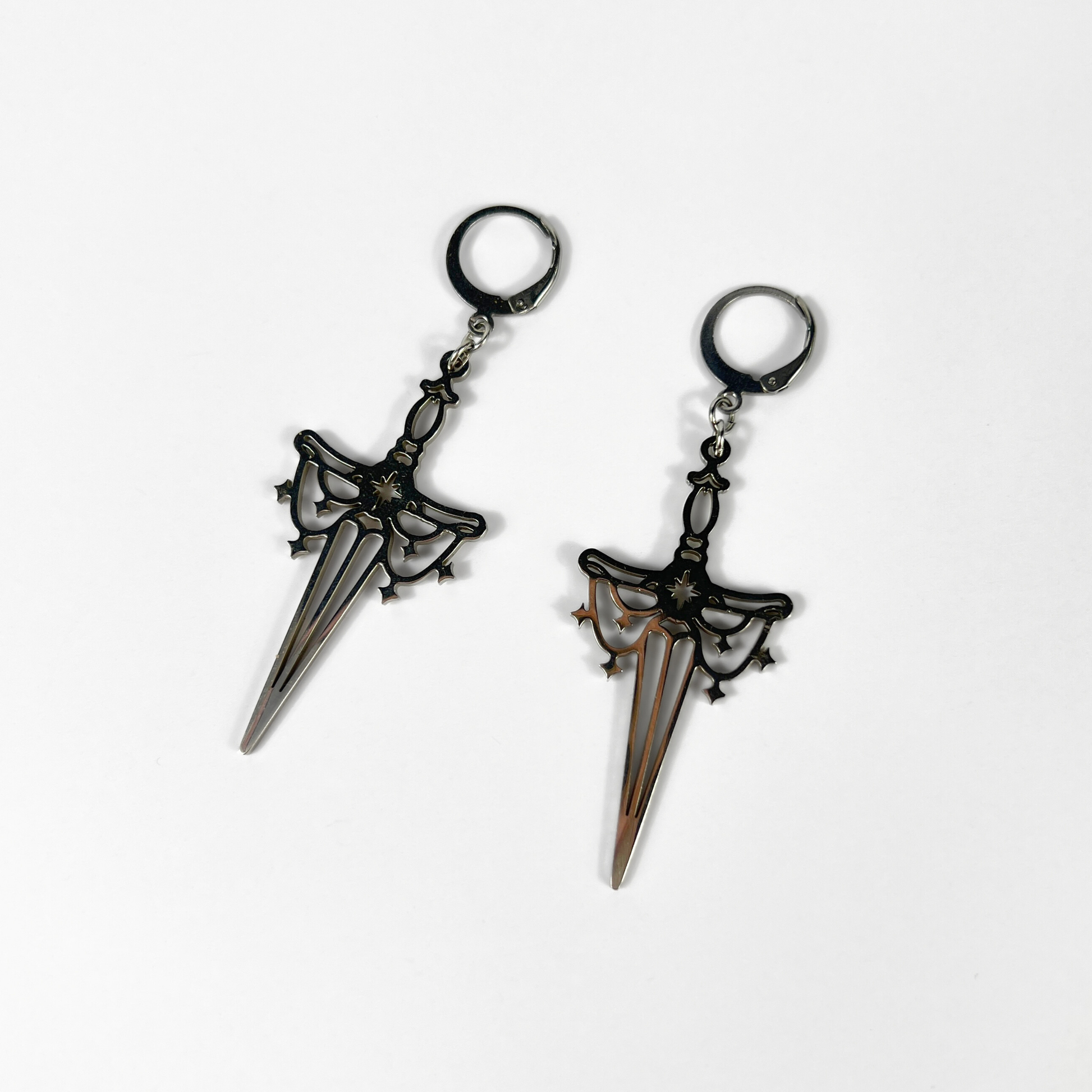 Athame dagger earrings, silver tone stainless steel Baguette Magick