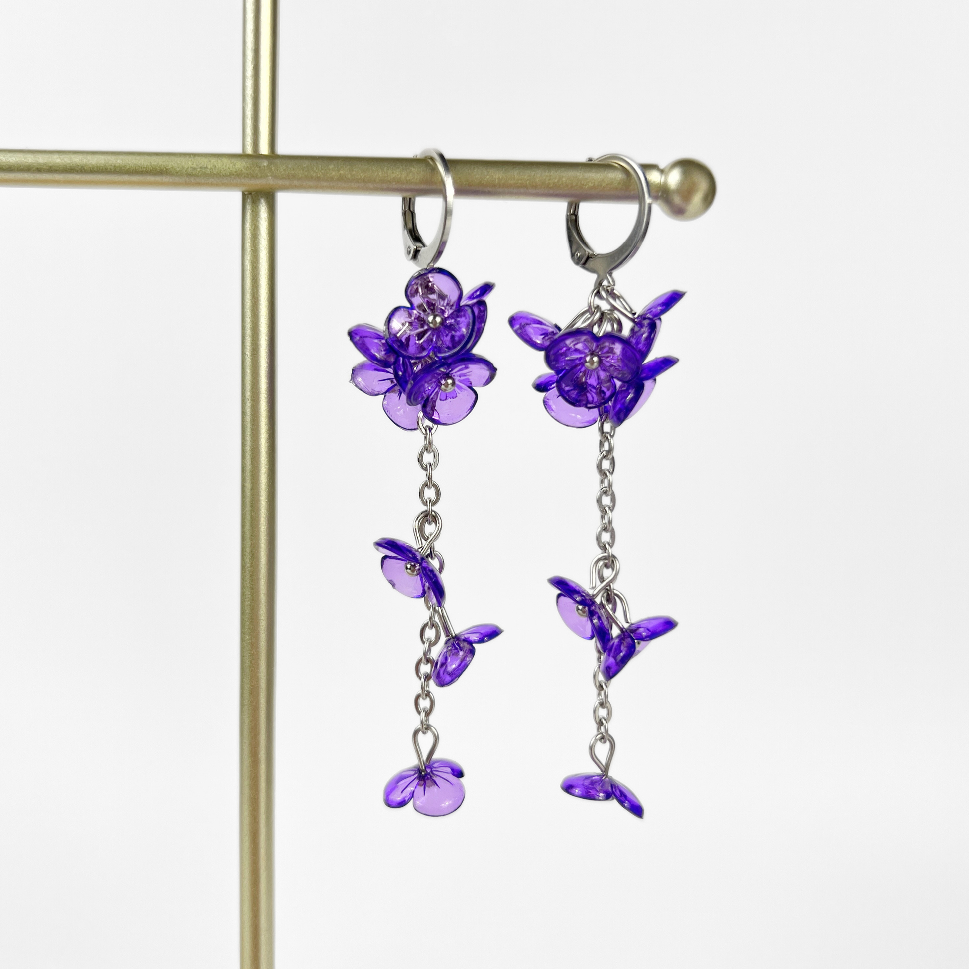 Purple orchid flowers dangle and drop earrings, made with silver tone stainless steel, light floral and dainty flower jewelry for her