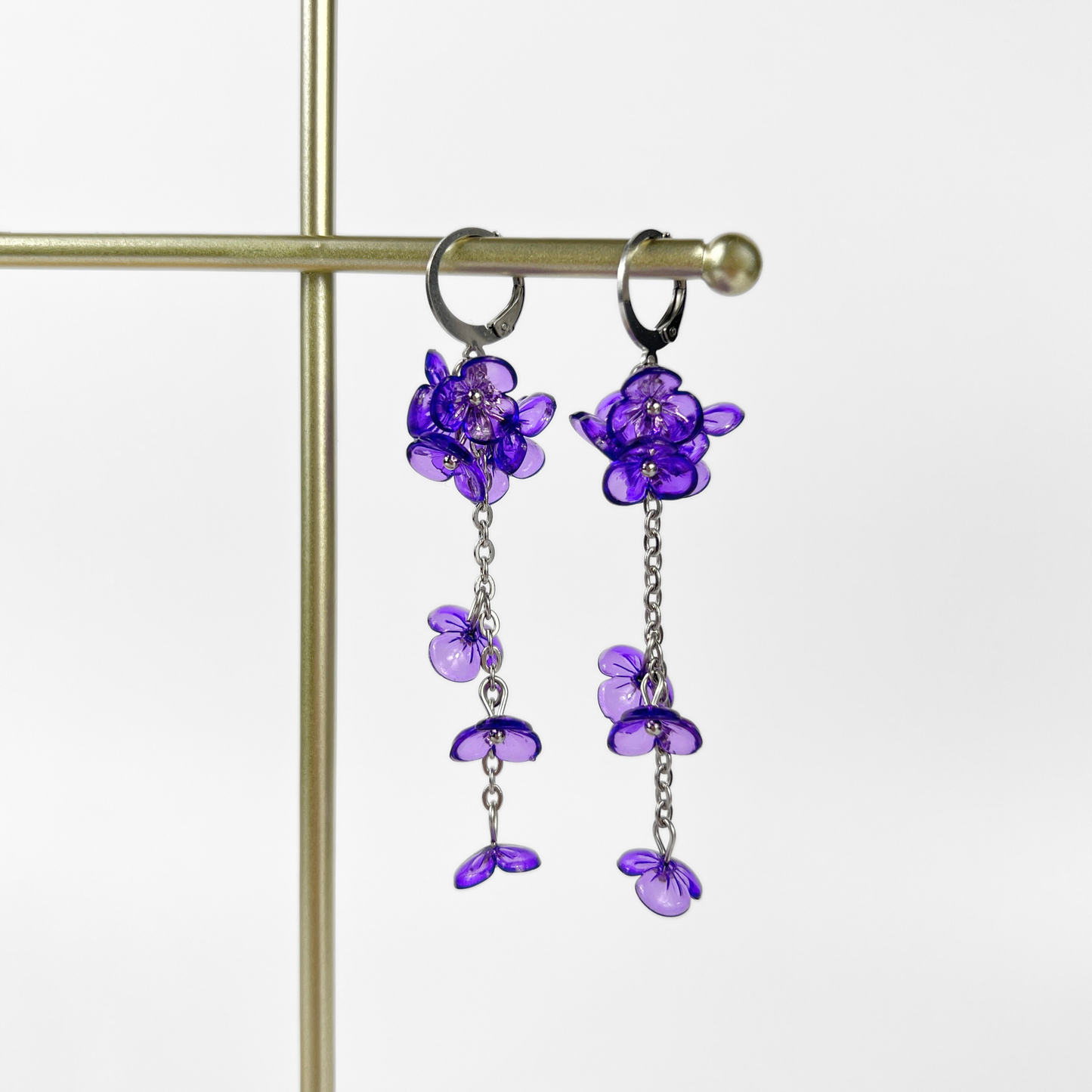 Purple orchid flowers dangle and drop earrings, made with silver tone stainless steel, light floral and dainty flower jewelry for her