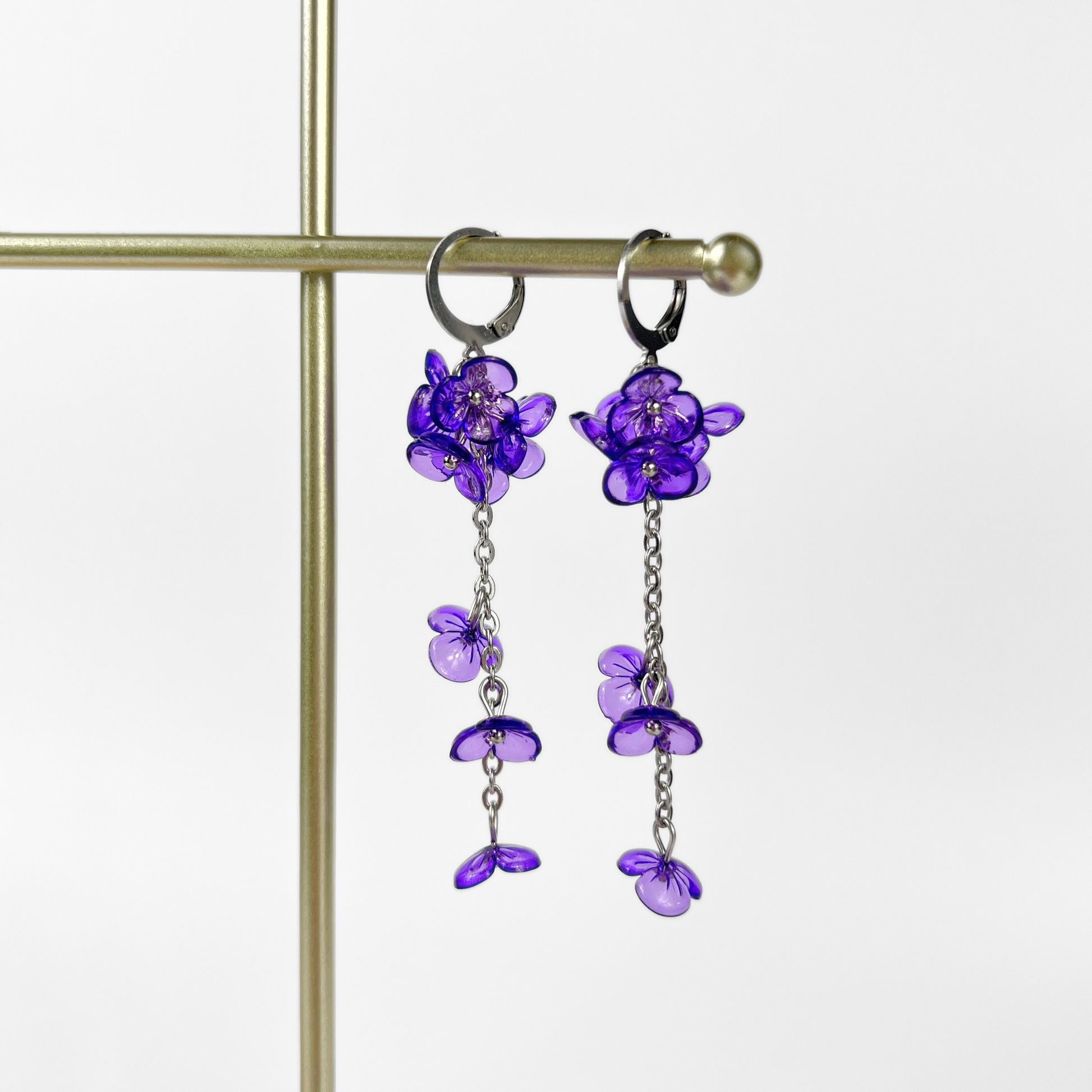 Purple orchid flowers dangle and drop earrings, made with silver tone stainless steel, light floral and dainty flower jewelry for her