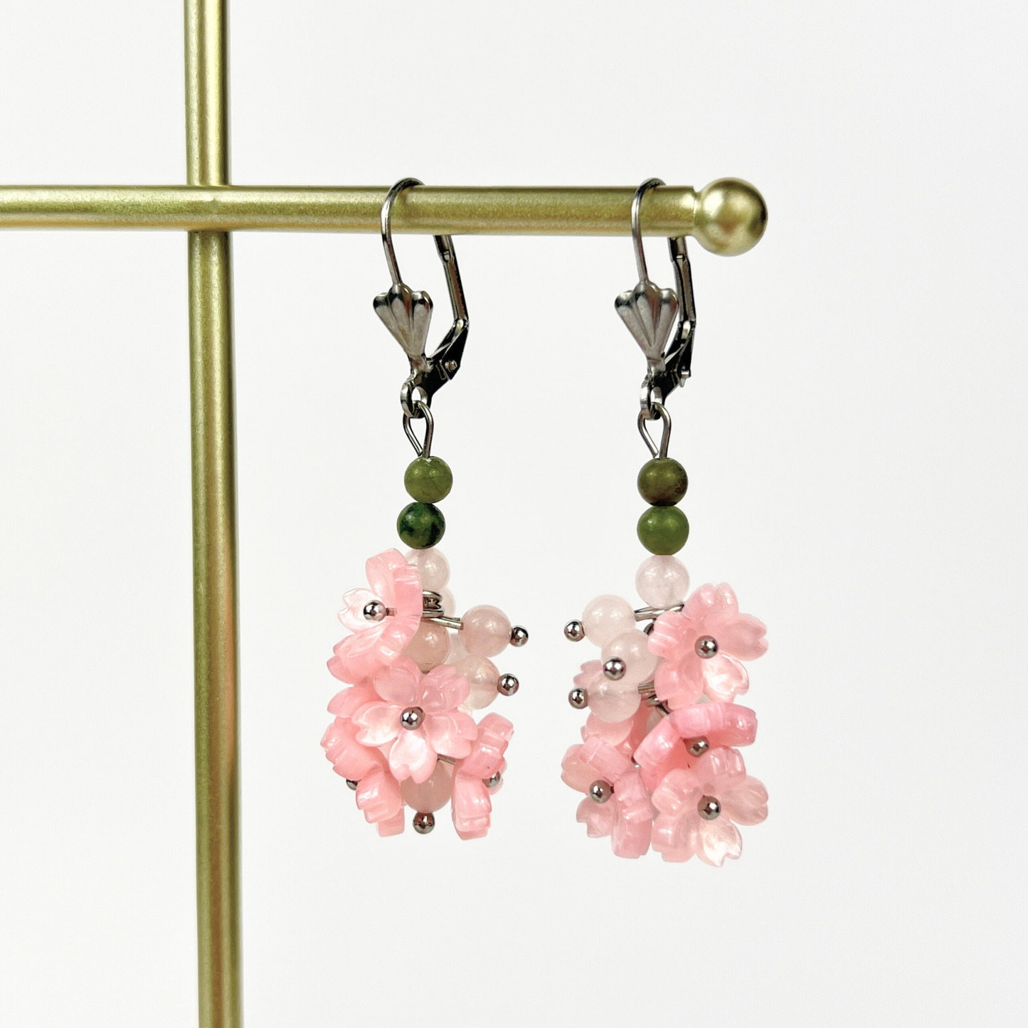 Sakura bloom dangle earrings: rose quartz, green jade, leverback