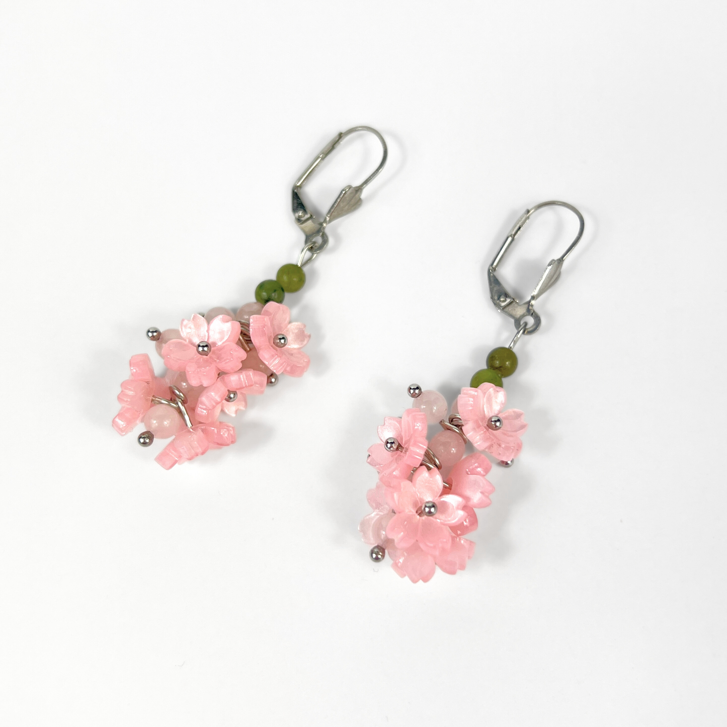 Sakura bloom dangle earrings: rose quartz, green jade, leverback