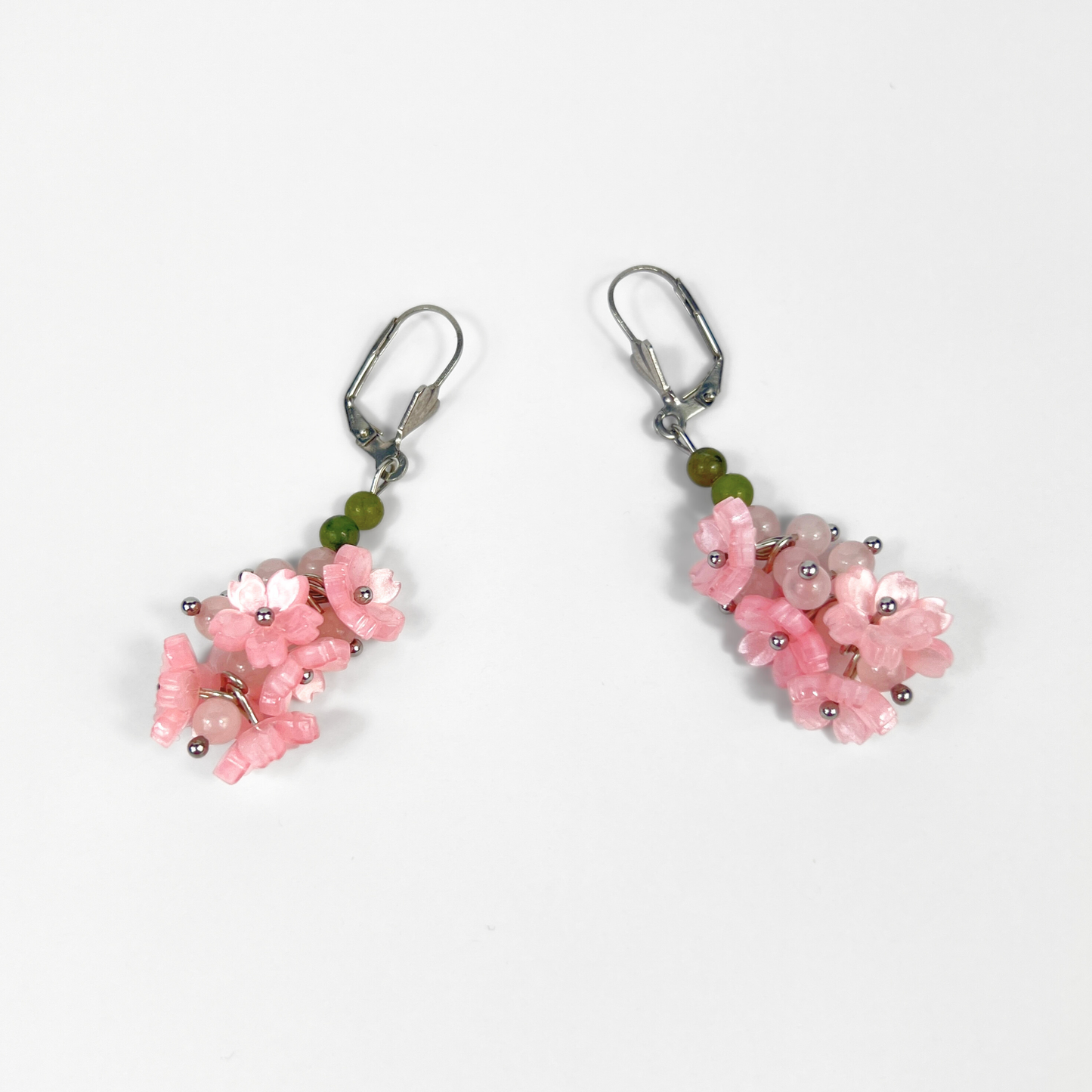 Sakura bloom dangle earrings: rose quartz, green jade, leverback