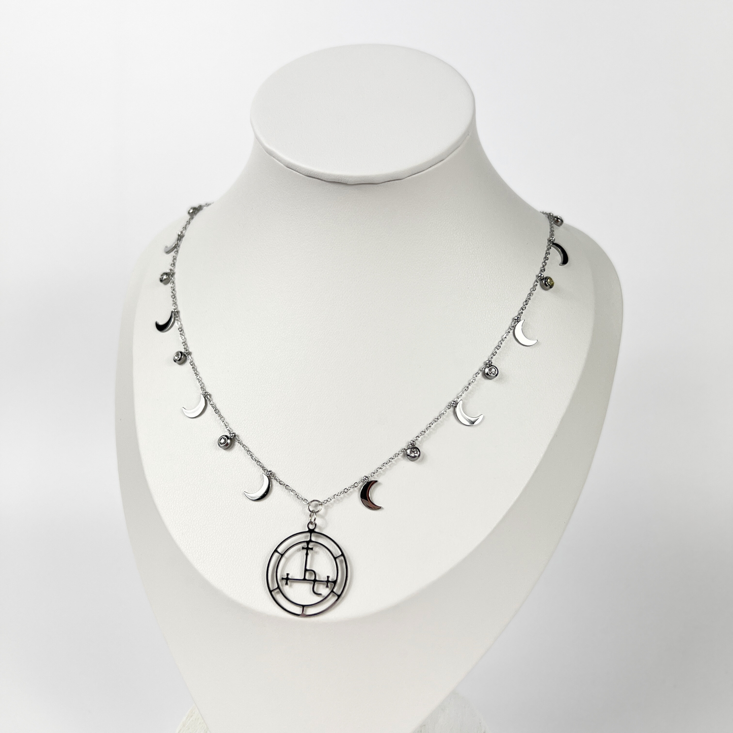 Lilith sigil necklace, dainty chain, moon crescent charms, rhinestones, silver tone stainless steel, alternative occult devotional jewelry for witchcraft