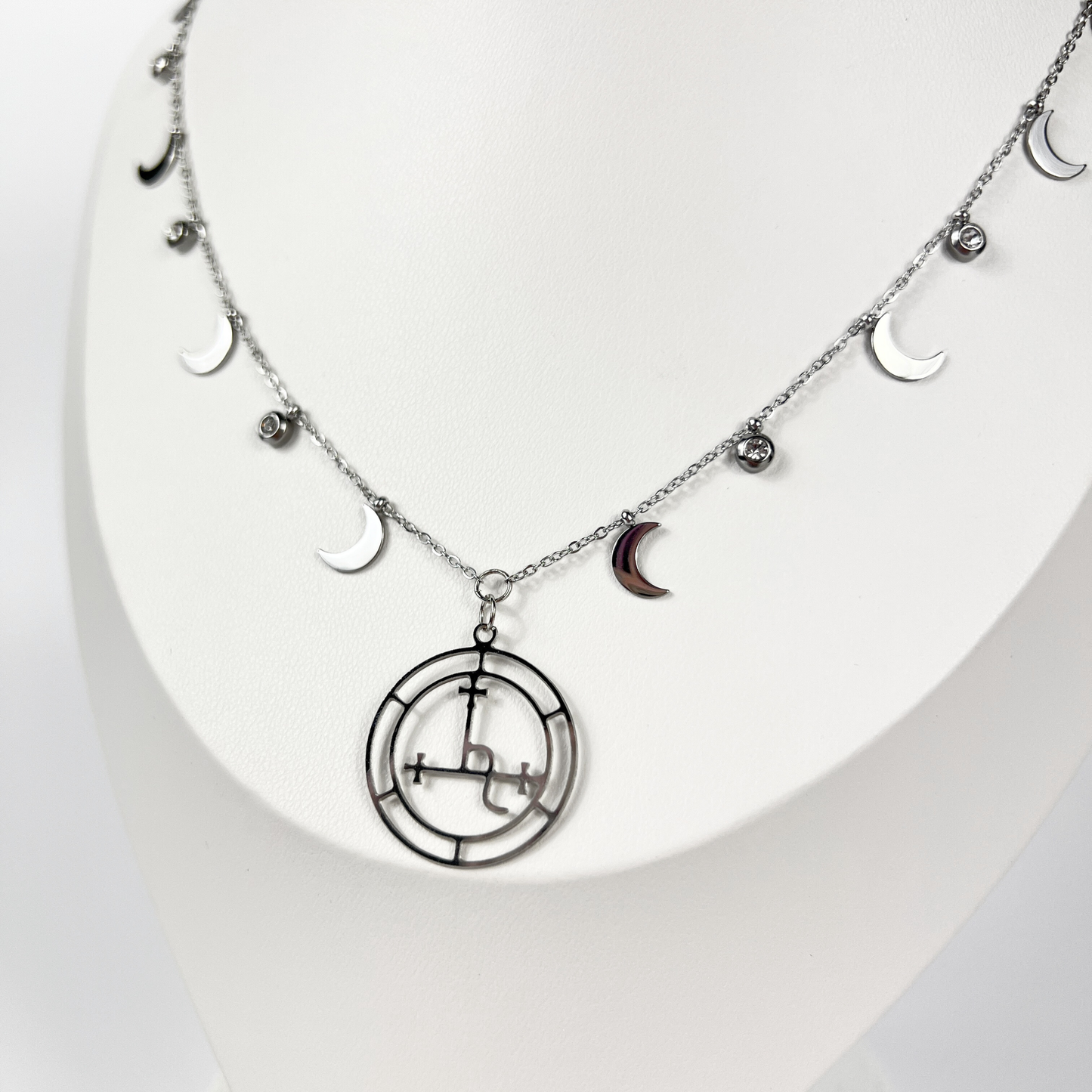 Lilith sigil necklace, dainty chain, moon crescent charms, rhinestones, silver tone stainless steel, alternative occult devotional jewelry for witchcraft
