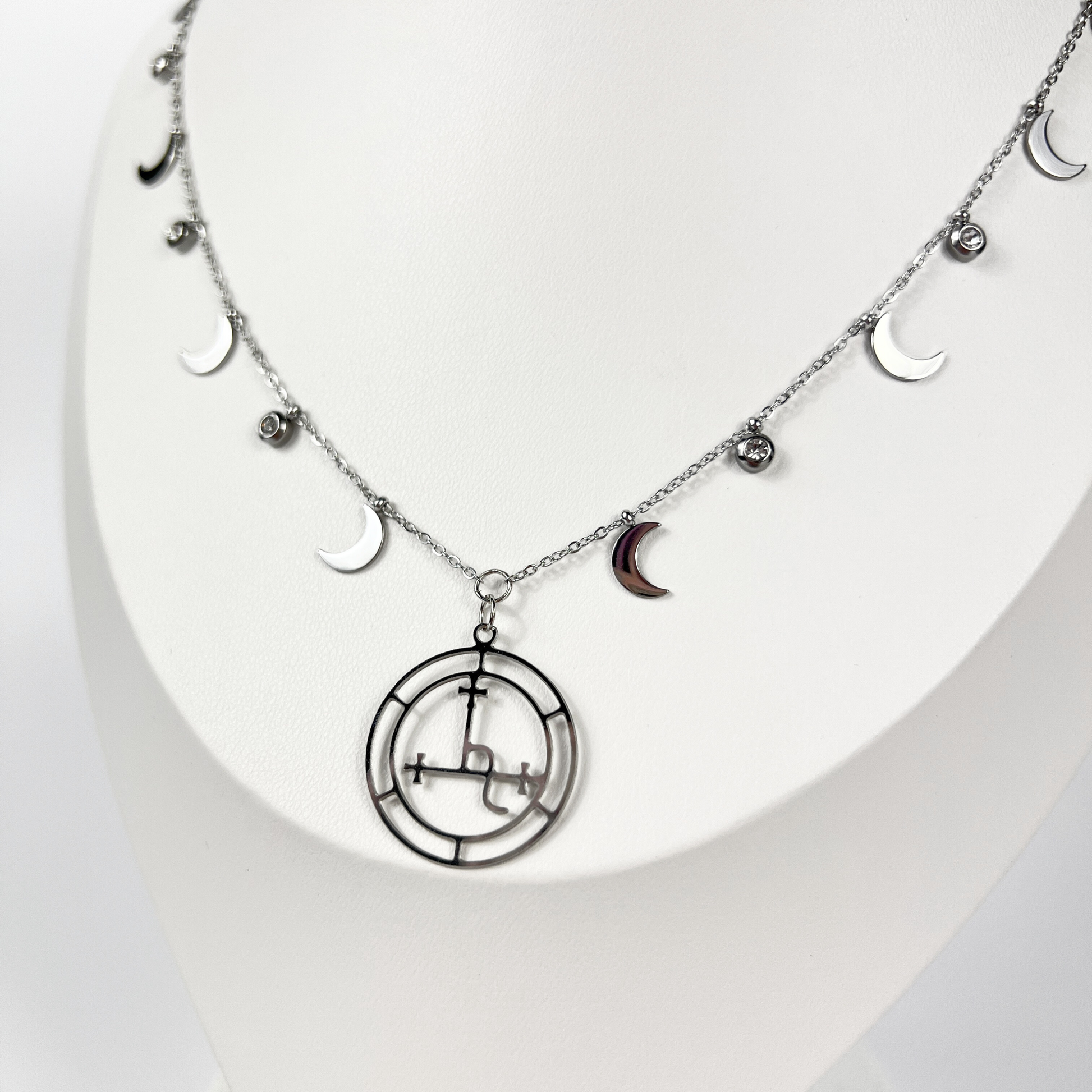 Lilith sigil necklace, dainty chain, moon crescent charms, rhinestones, silver tone stainless steel, alternative occult devotional jewelry for witchcraft