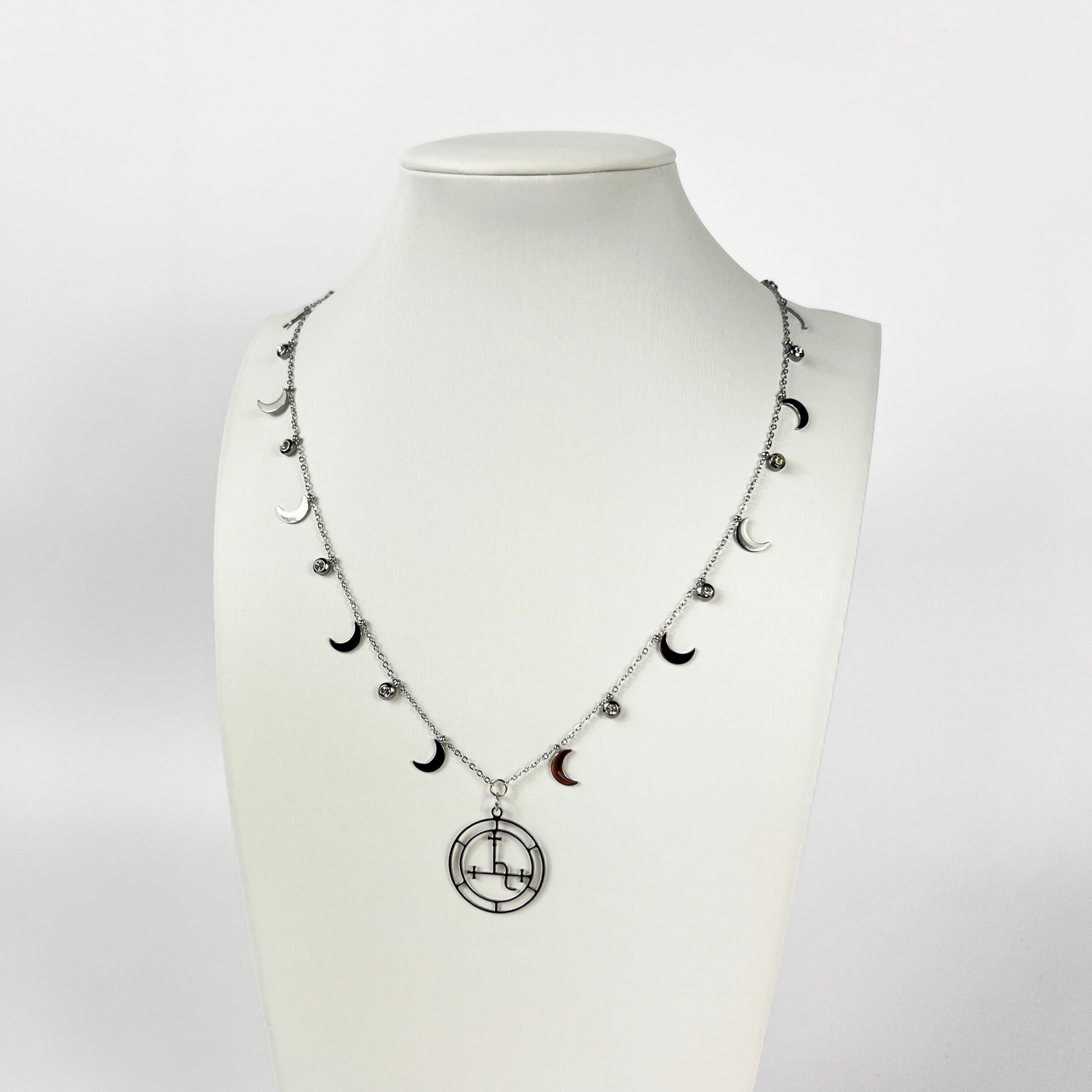 Lilith sigil necklace, dainty chain, moon crescent charms, rhinestones, silver tone stainless steel, alternative occult devotional jewelry for witchcraft