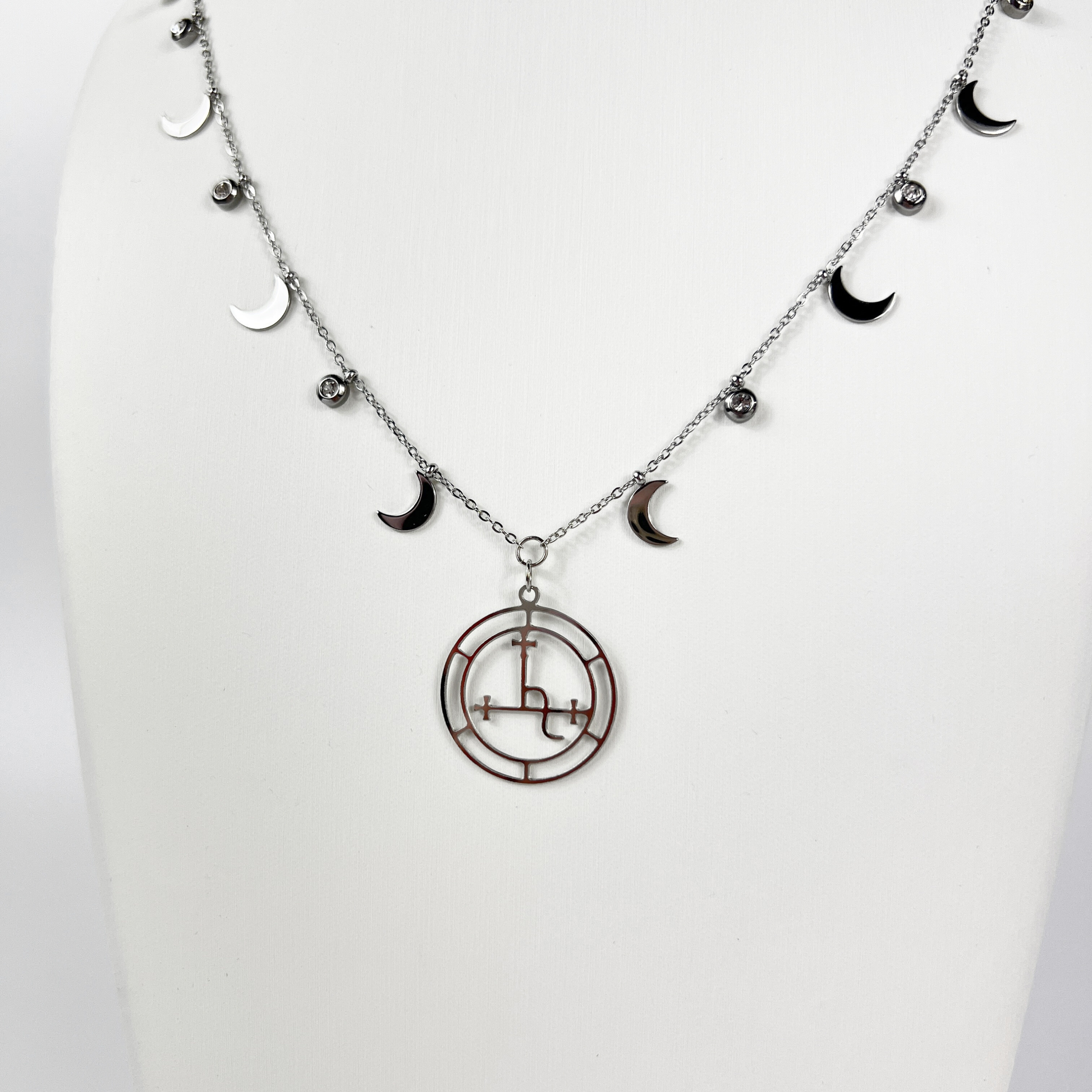 Lilith sigil necklace, dainty chain, moon crescent charms, rhinestones, silver tone stainless steel, alternative occult devotional jewelry for witchcraft