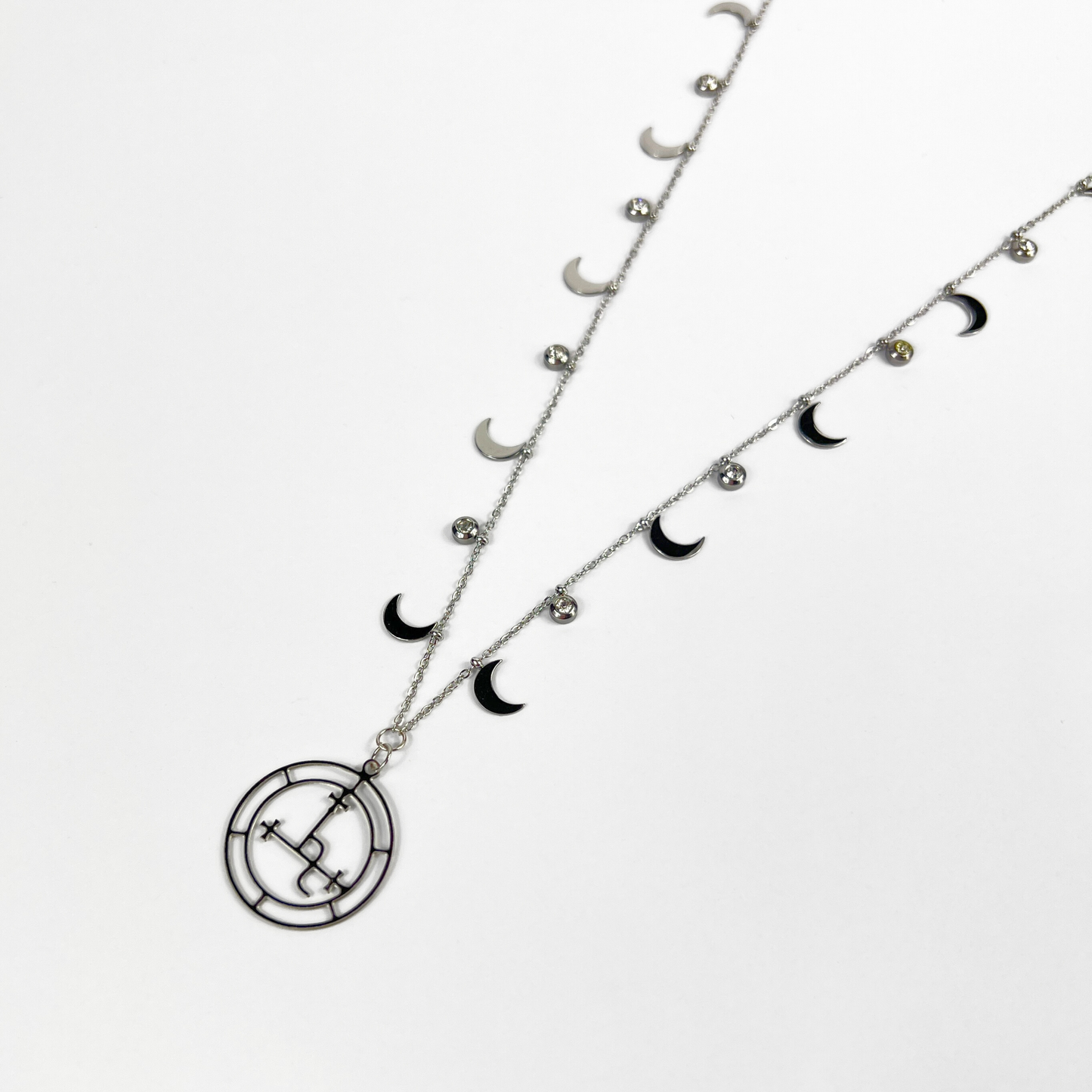 Lilith sigil necklace, dainty chain, moon crescent charms, rhinestones, silver tone stainless steel, alternative occult devotional jewelry for witchcraft