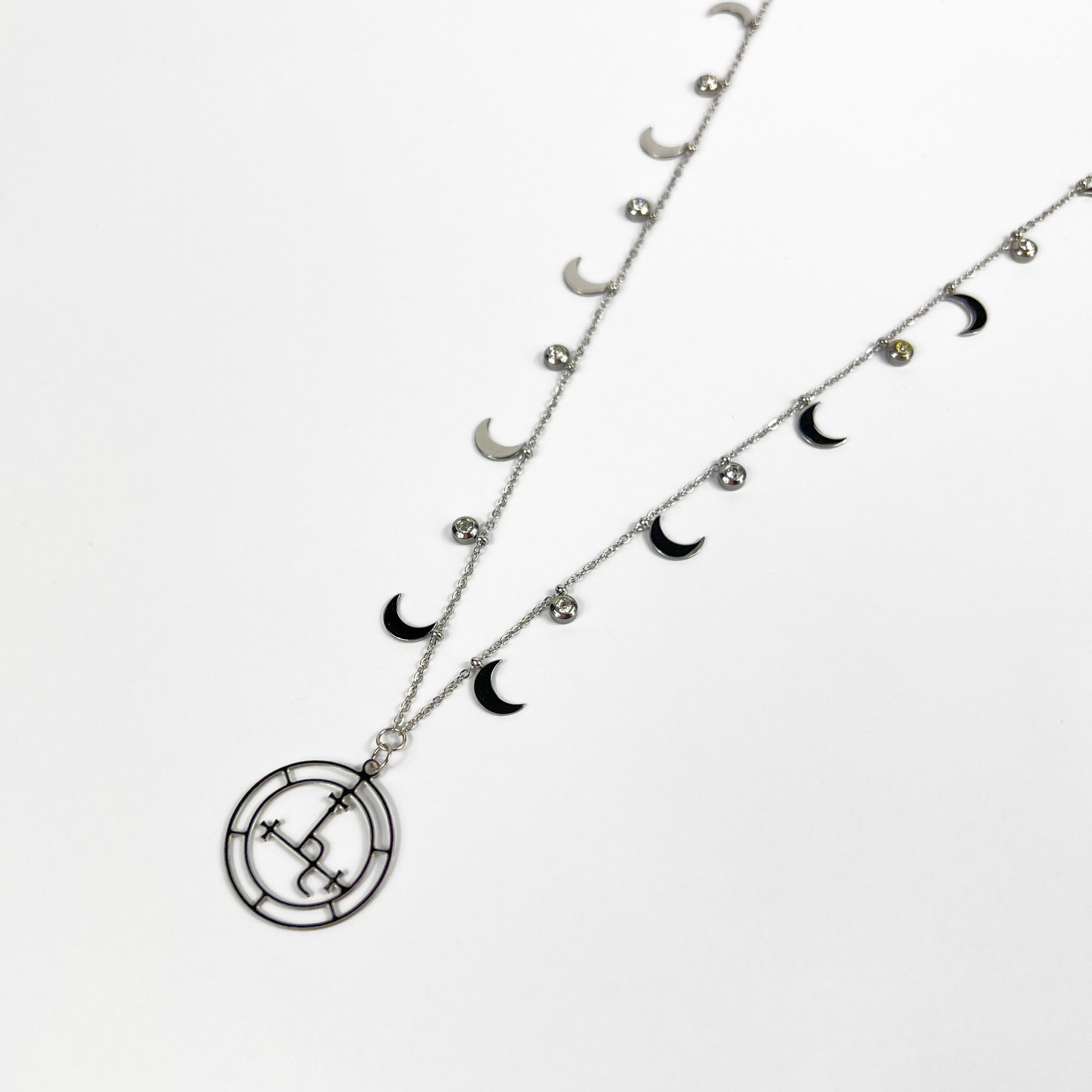 Lilith sigil necklace, dainty chain, moon crescent charms, rhinestones, silver tone stainless steel, alternative occult devotional jewelry for witchcraft