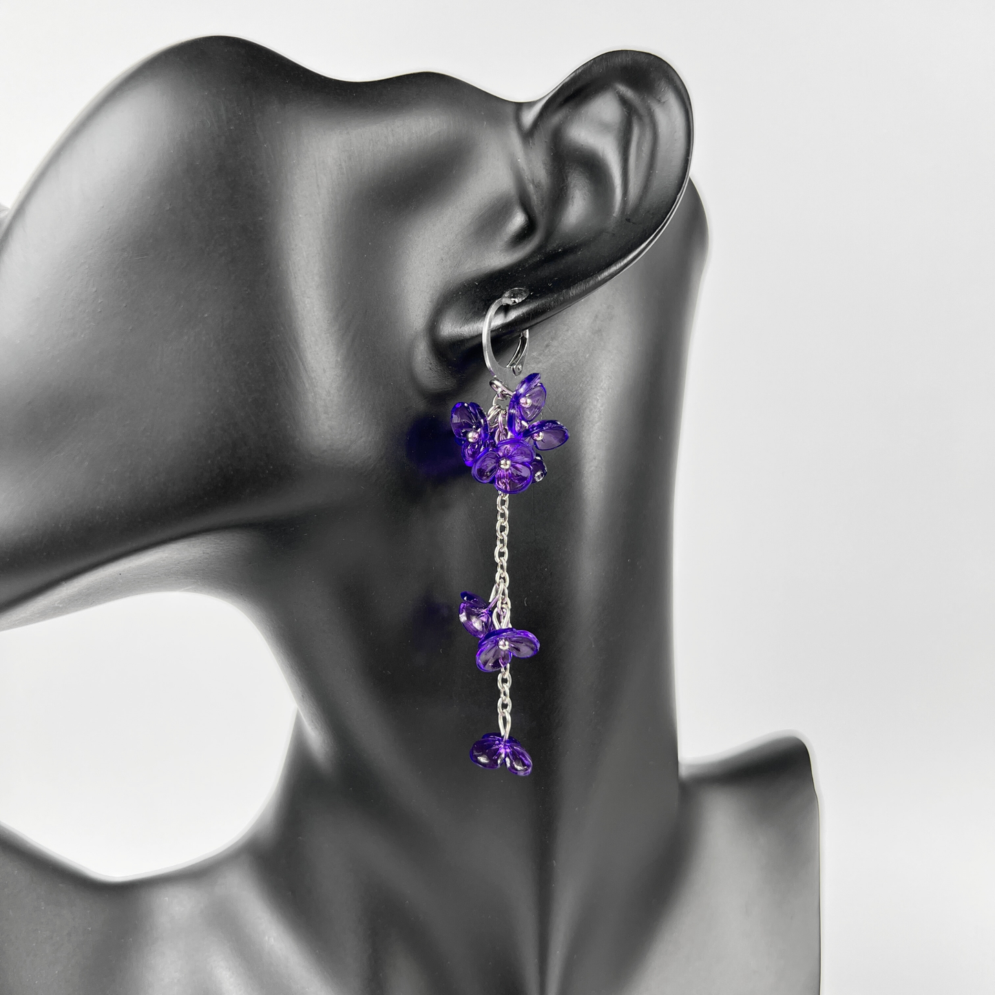 Purple orchid flowers dangle and drop earrings, made with silver tone stainless steel, light floral and dainty flower jewelry for her