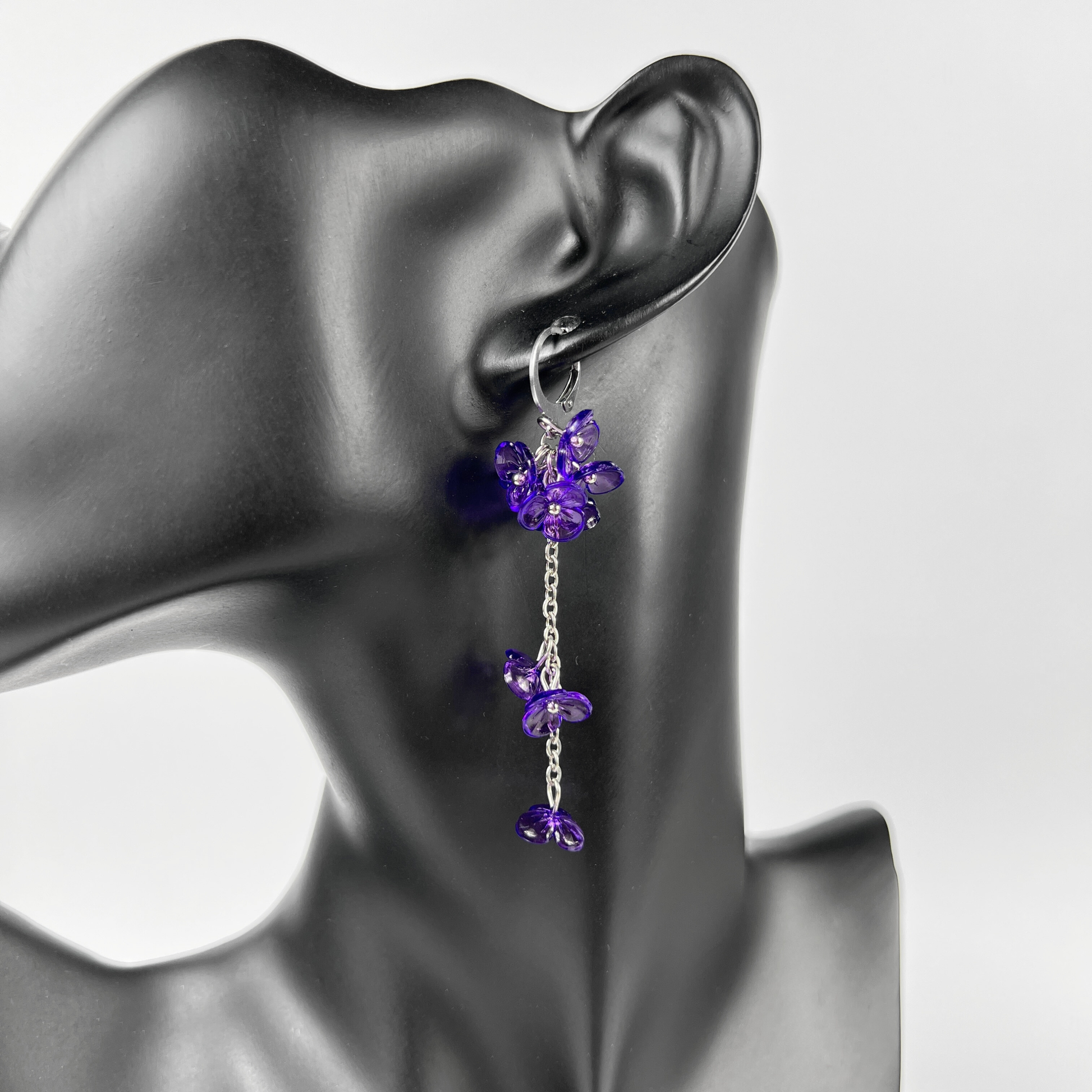 Purple orchid flowers dangle and drop earrings, made with silver tone stainless steel, light floral and dainty flower jewelry for her