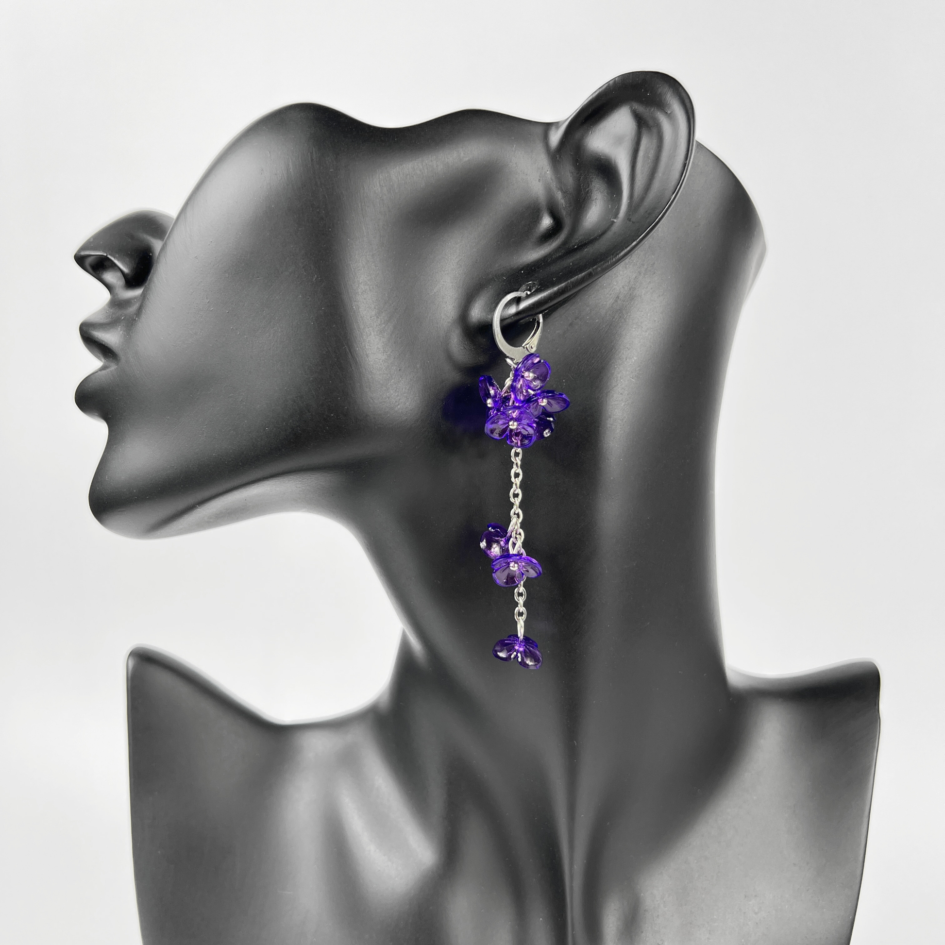 Purple orchid flowers dangle and drop earrings, made with silver tone stainless steel, light floral and dainty flower jewelry for her