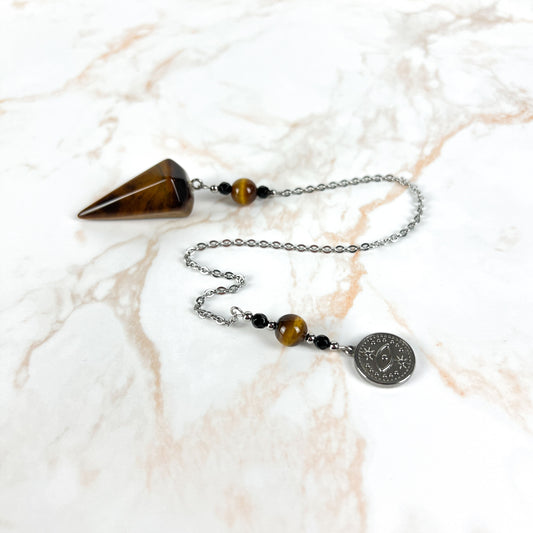Tiger eye and onyx dowsing stainless steel pendulum with a third eye charm Baguette Magick