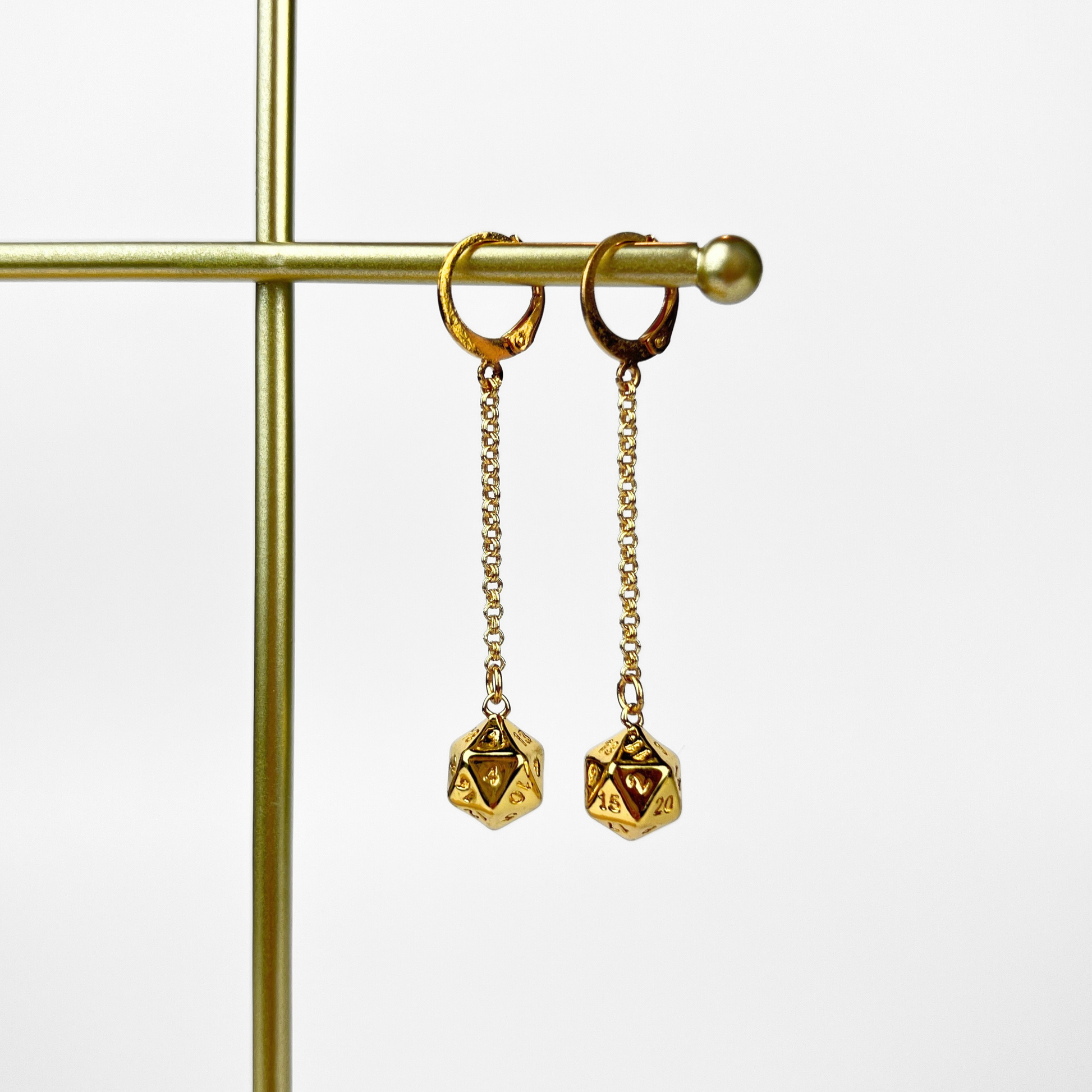 dangle and drop earrings with d20 dices, gold plated stainless steel, thin chains, gothic and alternative style geek jewelry for role play tabletop games player