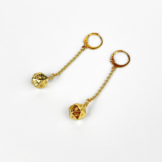 dangle and drop earrings with d20 dices, gold plated stainless steel, thin chains, gothic and alternative style geek jewelry for role play tabletop games player