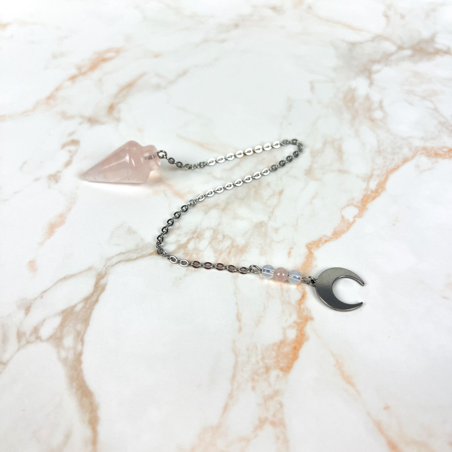Rose quartz and opalite dowsing pendulum, pocket size, stainless steel, horn charm Baguette Magick