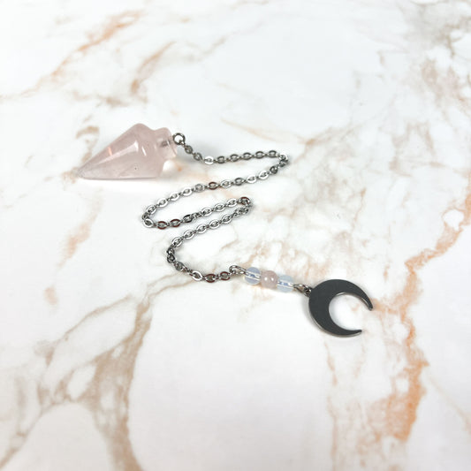 Rose quartz and opalite dowsing pendulum, pocket size, stainless steel, horn charm Baguette Magick