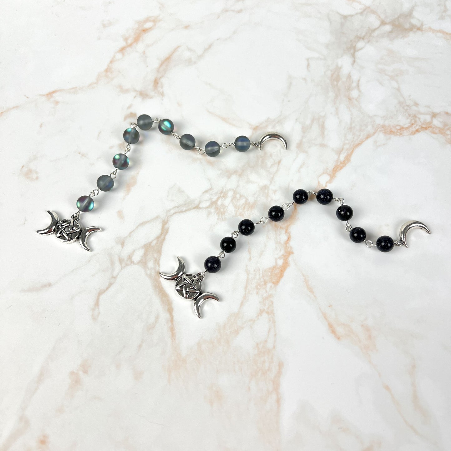 Witch ladder, Mermaid glass or Blue sandstone, Crescent Moon, triple Moon, 9 beads Baguette Magick