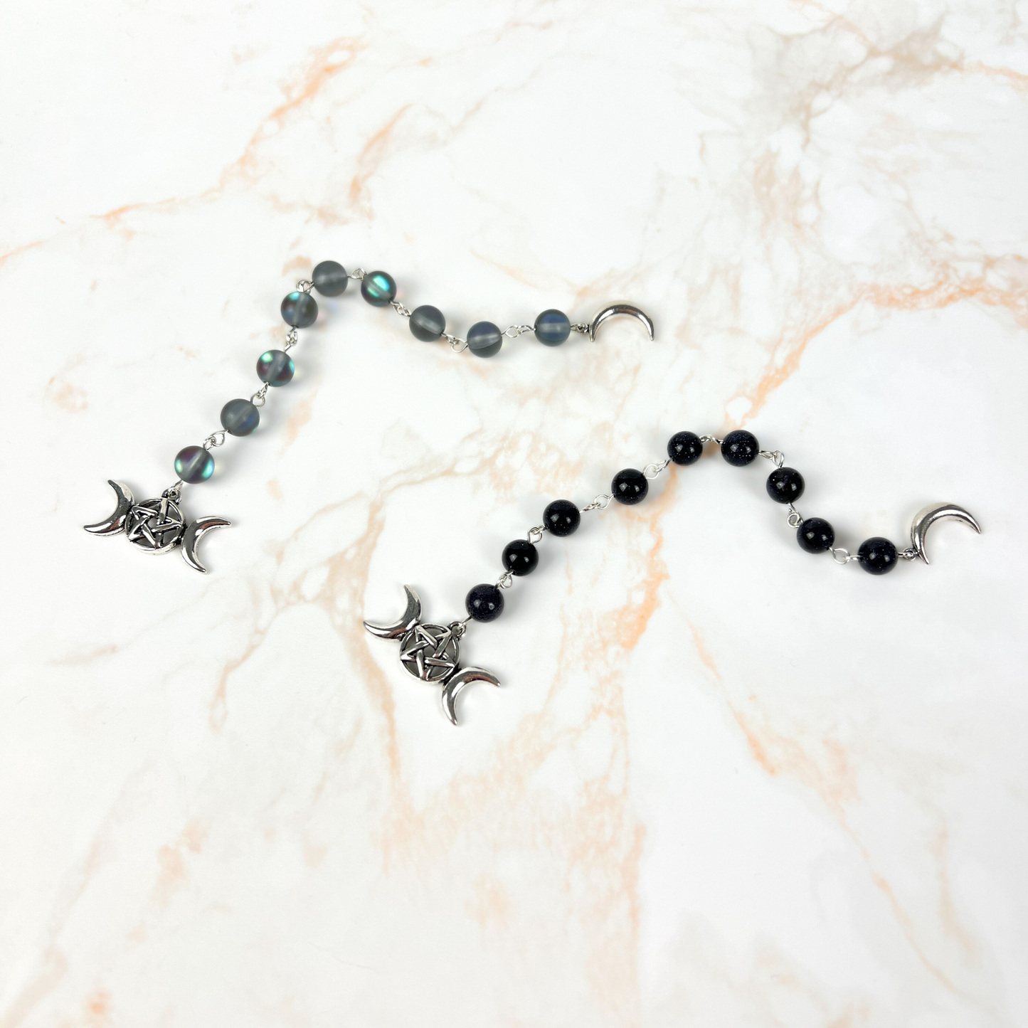 Echelle de sorcière, Verre Sirène ou Grès Bleu, Croissant de Lune, triple Lune, 9 perles