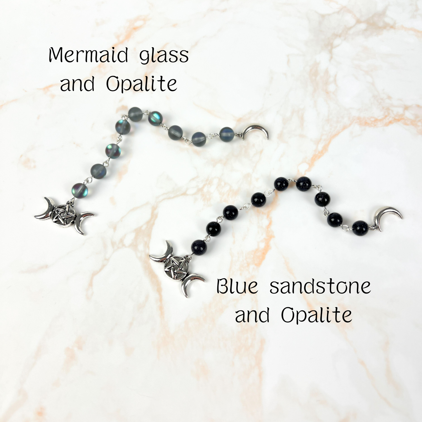 Echelle de sorcière, Verre Sirène ou Grès Bleu, Croissant de Lune, triple Lune, 9 perles