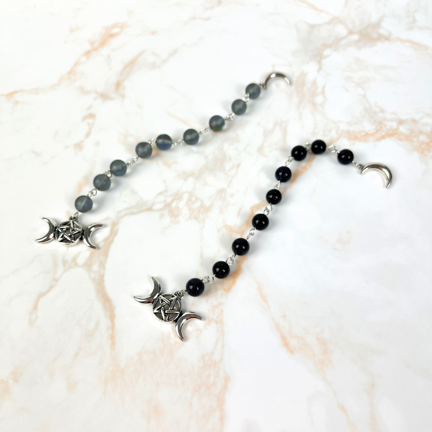 Echelle de sorcière, Verre Sirène ou Grès Bleu, Croissant de Lune, triple Lune, 9 perles