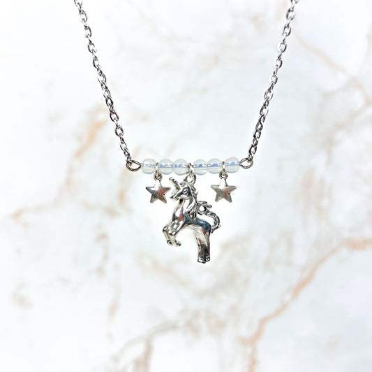 Unicorn and stars necklace, with opalite beads