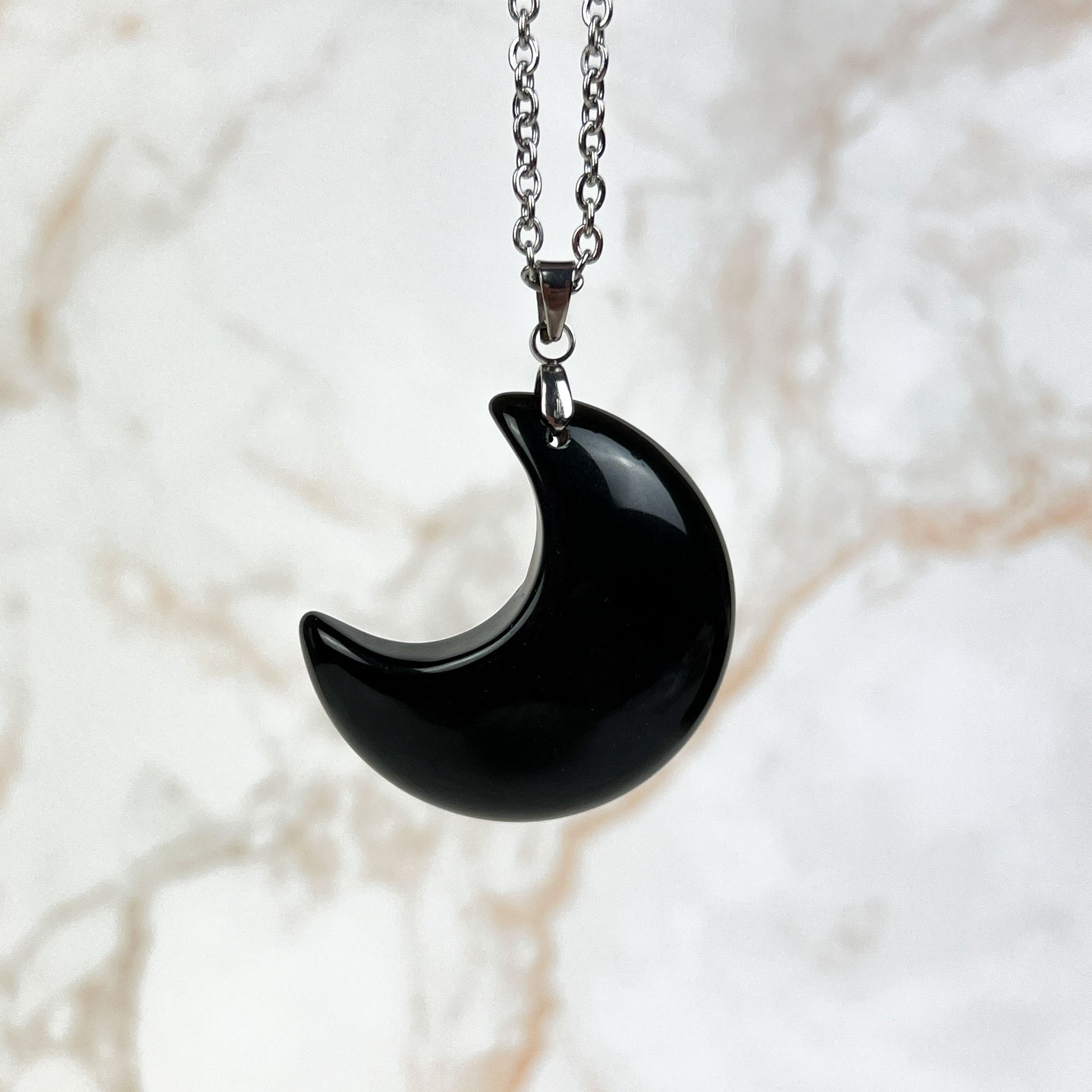 Moon crescent clear quartz or obsidian stainless steel pendant necklace Baguette Magick