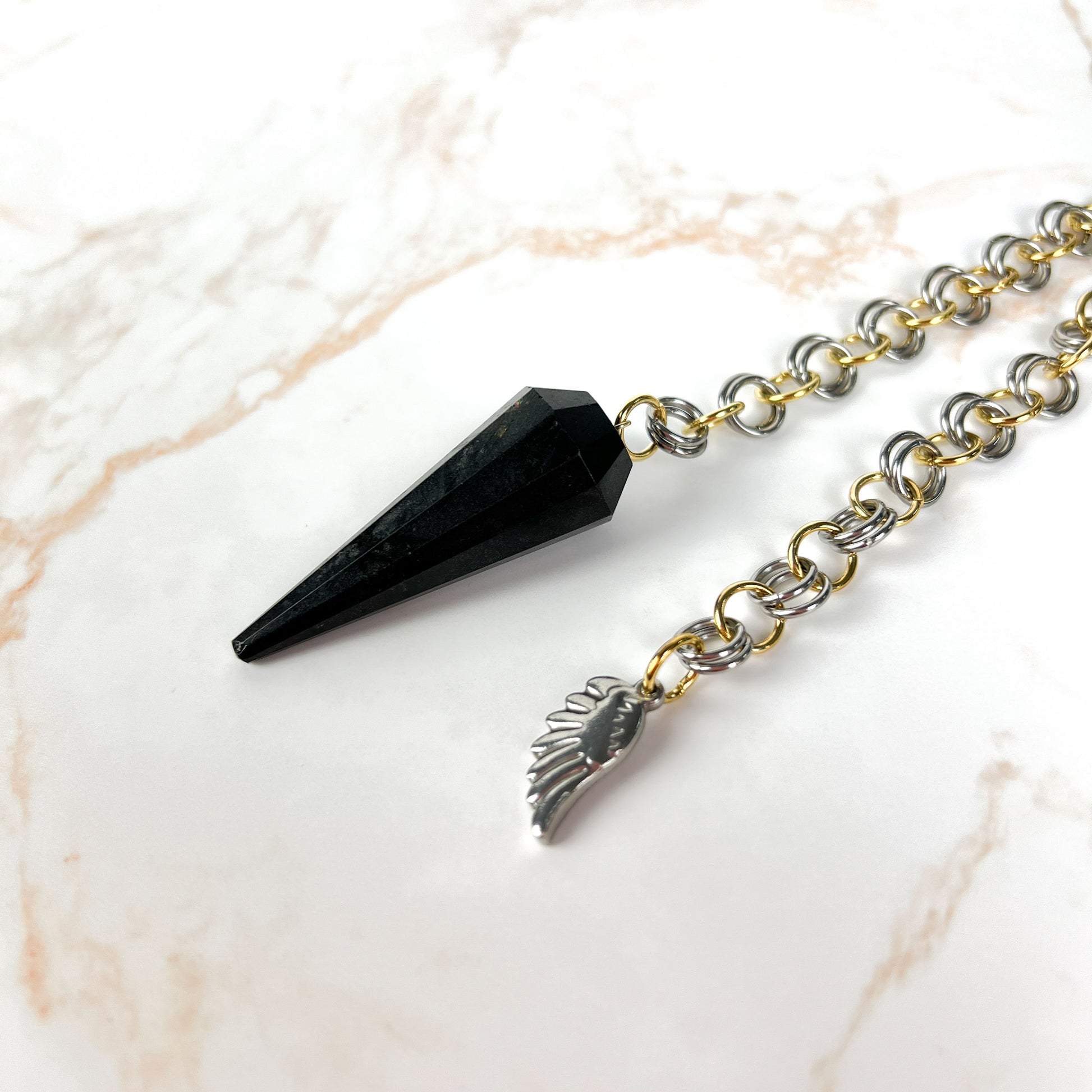 Obsidian chainmail wing pendulum, stainless steel and 18K gold plated Baguette Magick