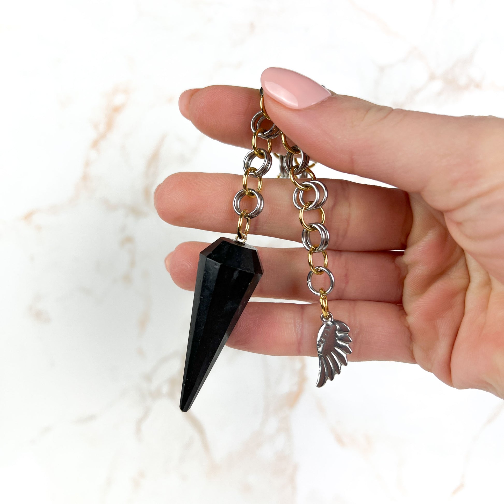 Obsidian chainmail wing pendulum, stainless steel and 18K gold plated Baguette Magick