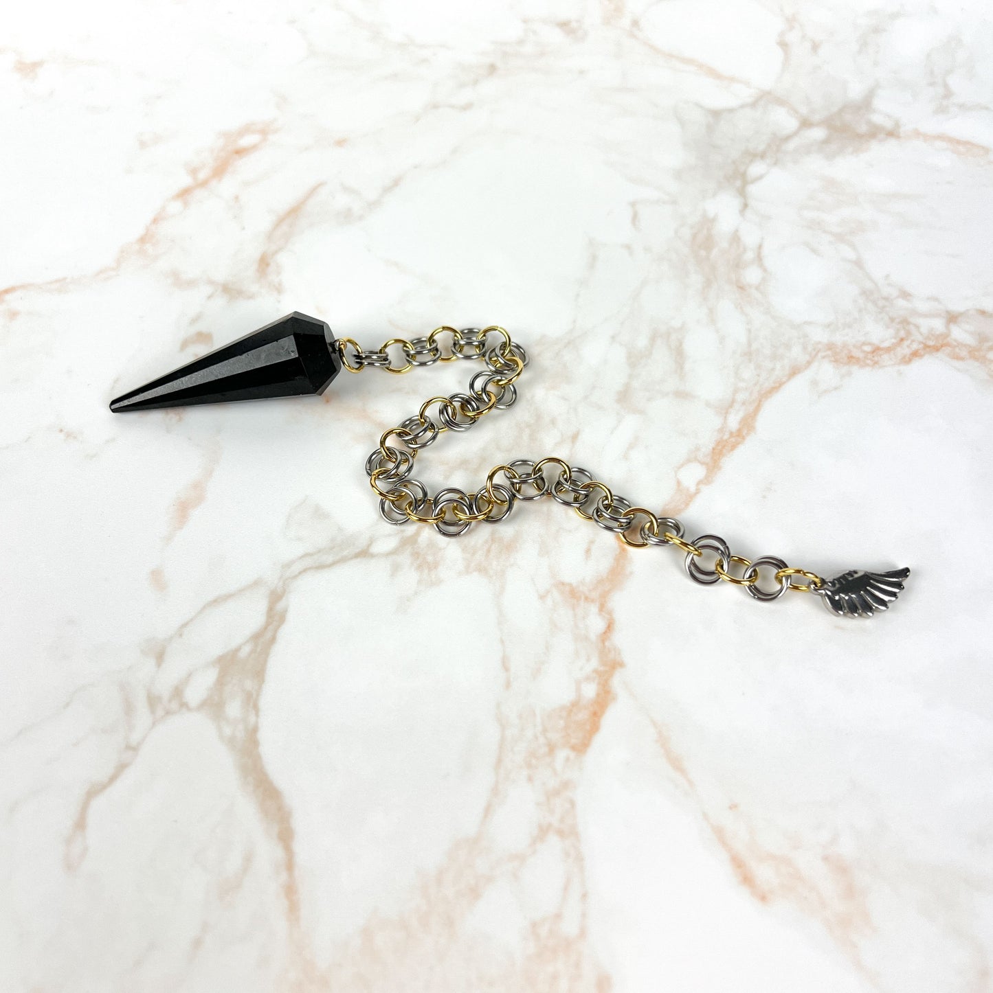 Obsidian chainmail wing pendulum, stainless steel and 18K gold plated Baguette Magick