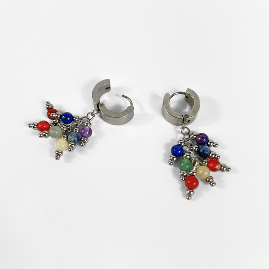 Seven chakra gemstone dangle earrings, crystal beads and stainless steel Baguette Magick