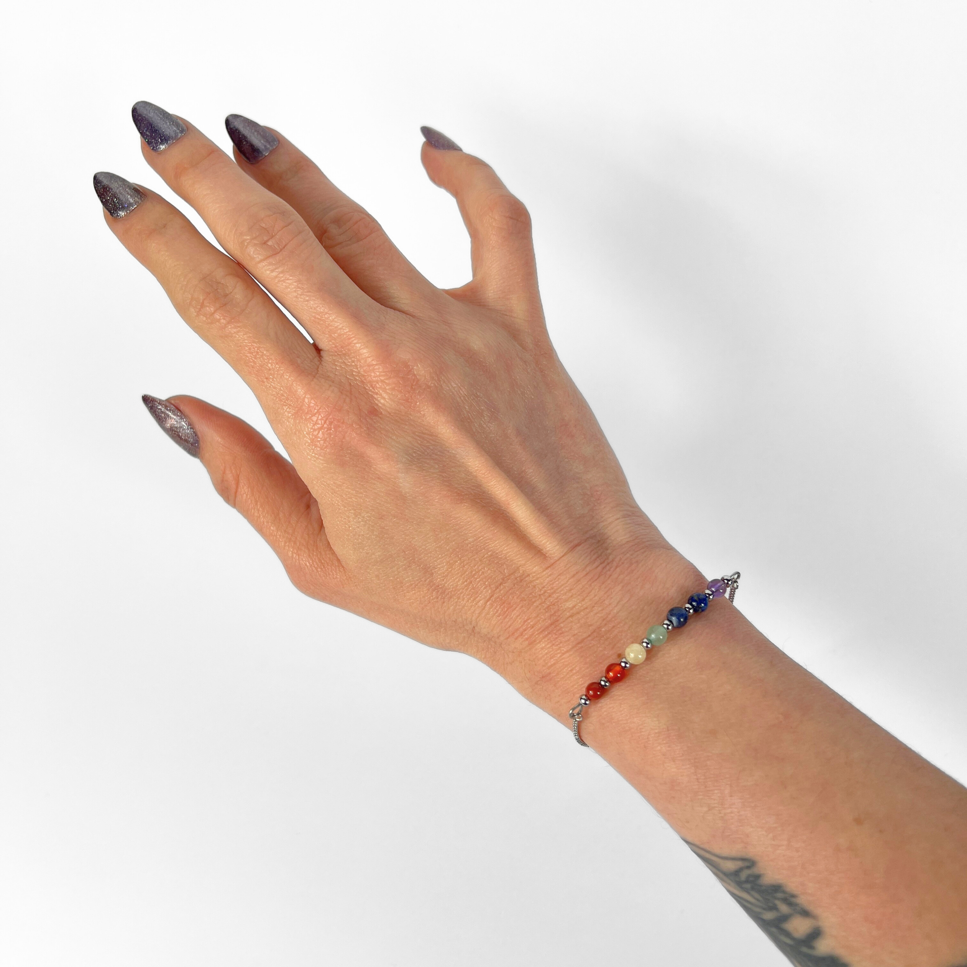 Seven chakra slider bracelet, natural gemstones, stainless steel Baguette Magick