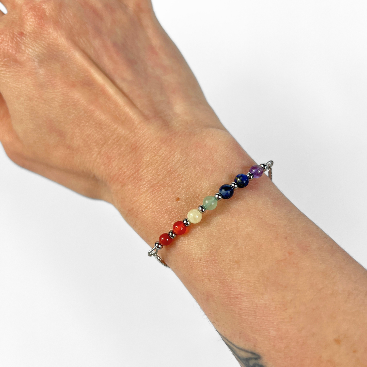 Seven chakra slider bracelet, natural gemstones, stainless steel Baguette Magick
