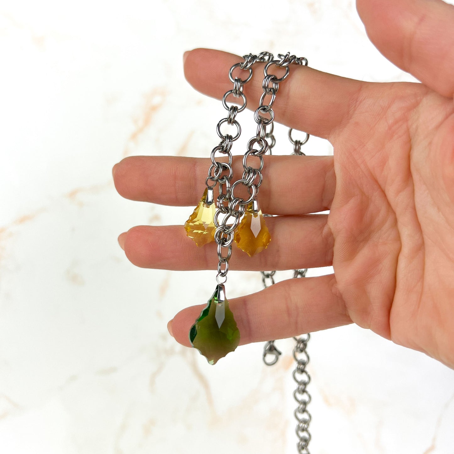 Sparkling crystal necklace, yellow and green, chainmail chain, stainless steel