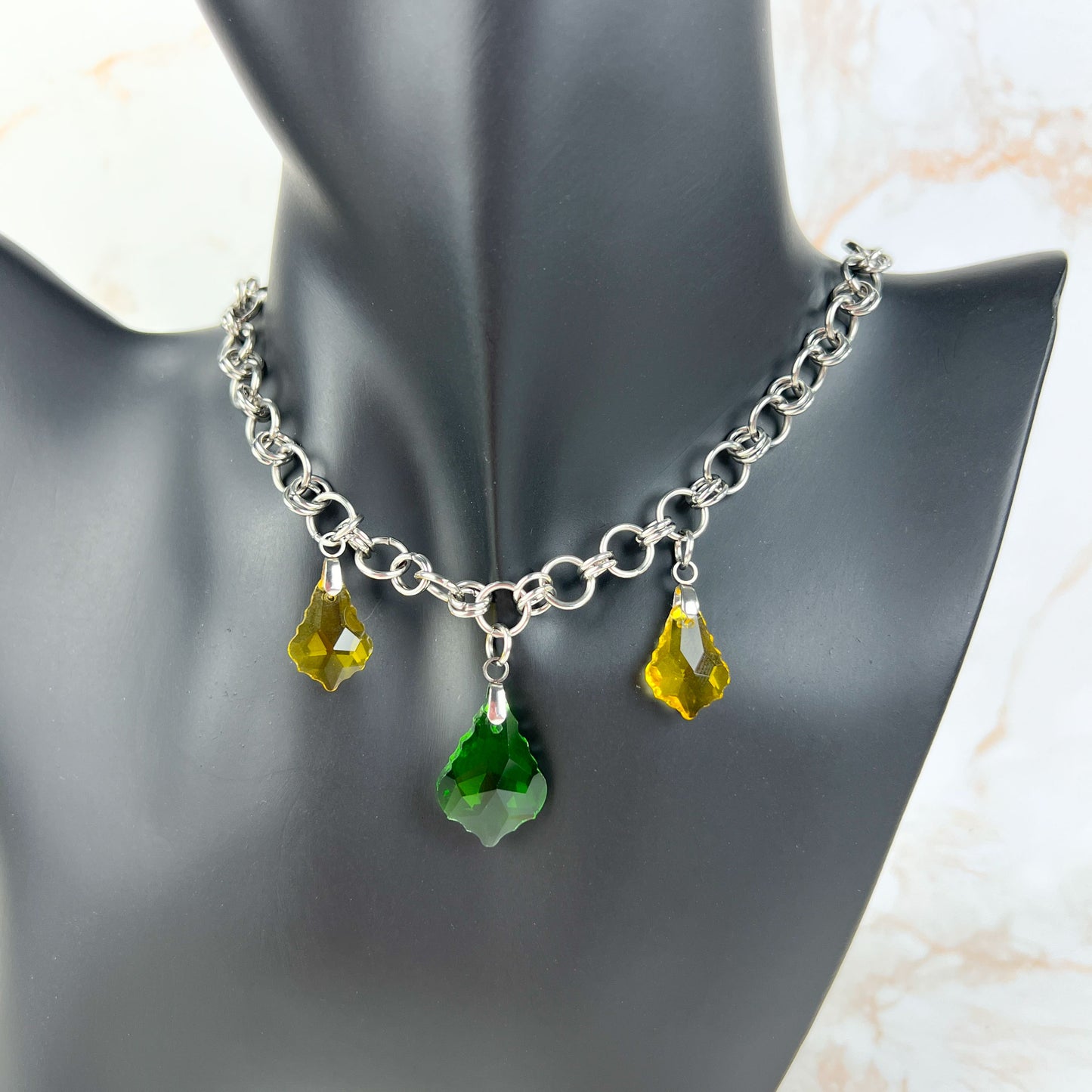 Sparkling crystal necklace, yellow and green, chainmail chain, stainless steel