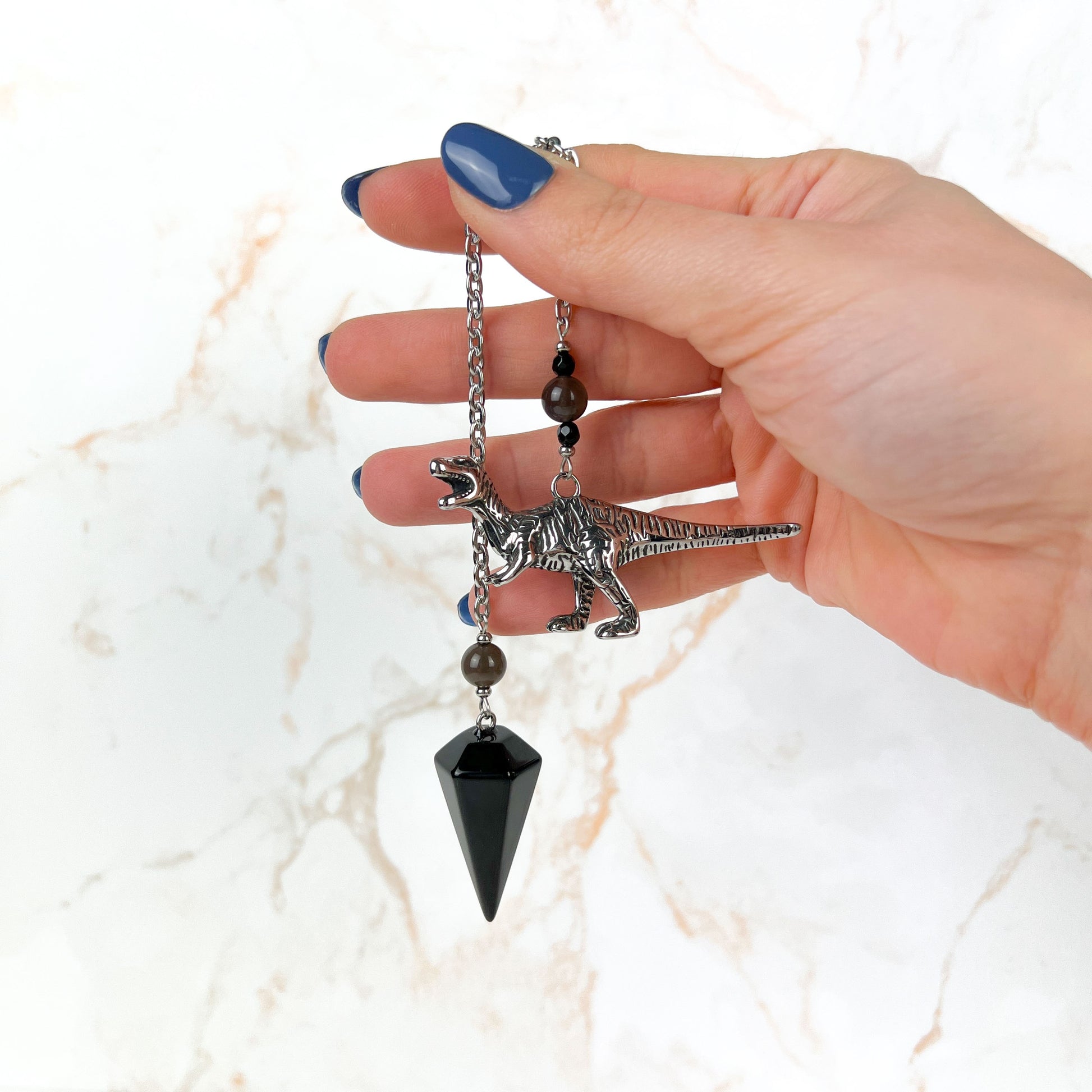 Velociraptor dinosaur dowsing pendulum, obsidian, smoky obsidian, onyx, stainless steel Baguette Magick