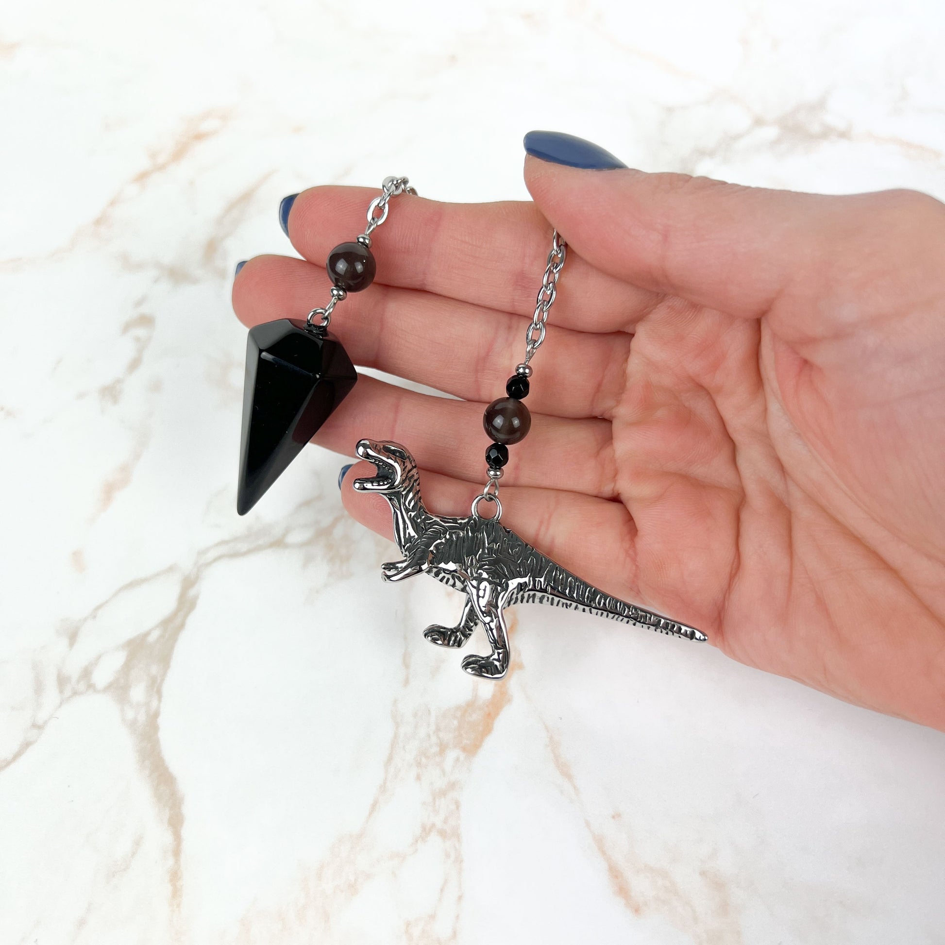 Velociraptor dinosaur dowsing pendulum, obsidian, smoky obsidian, onyx, stainless steel Baguette Magick