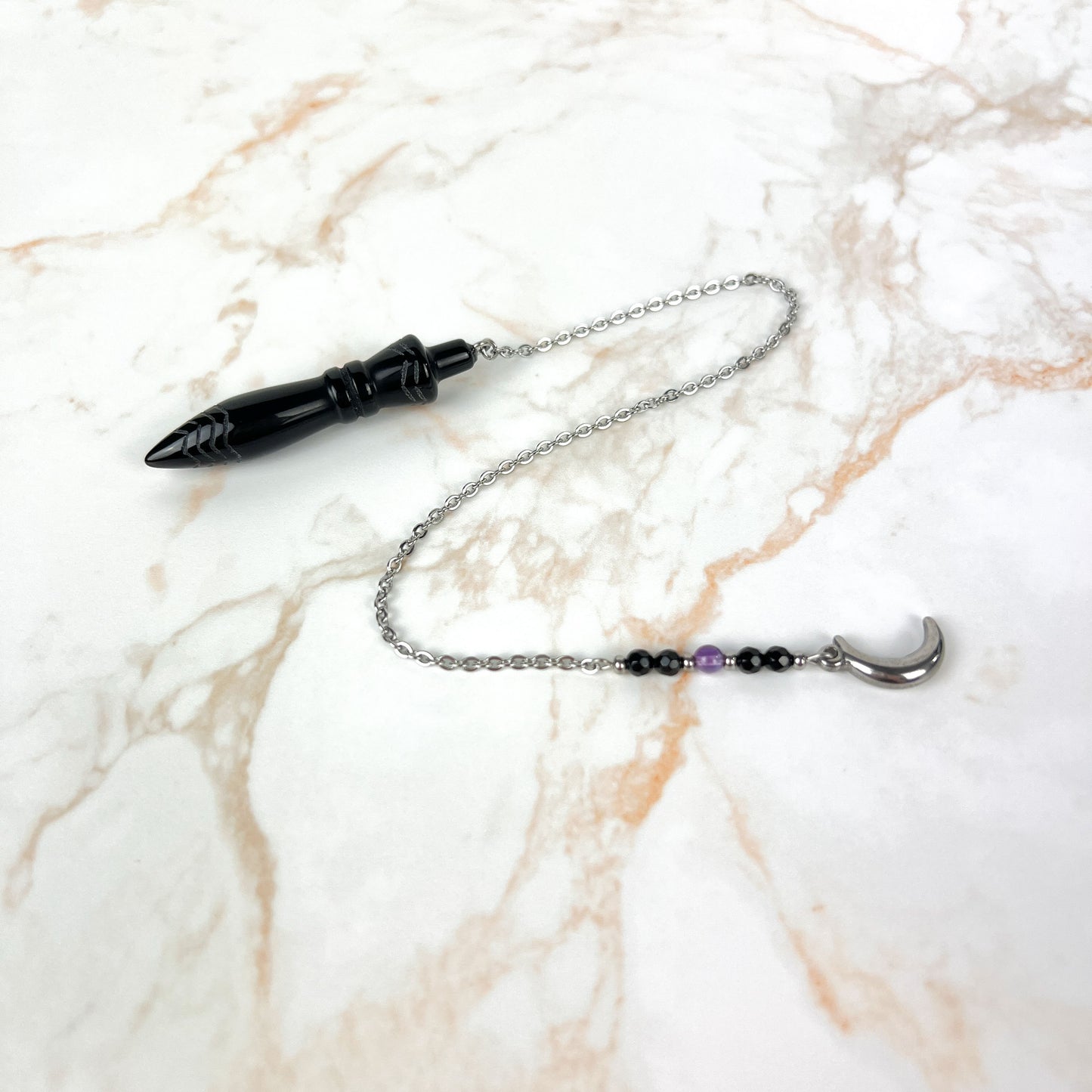 Engraved Egyptian Thot pendulum, obsidian, onyx, amethyst, stainless steel, Moon crescent charm