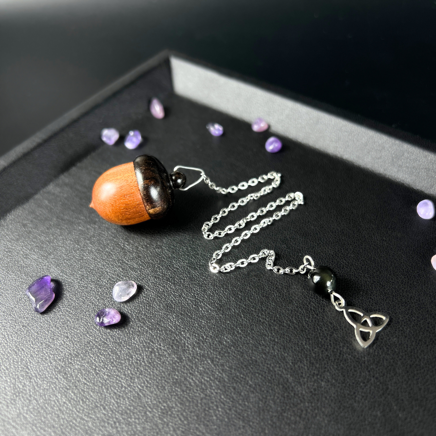 Acorn chamber pendulum, Ebony, Rainbow Obsidian