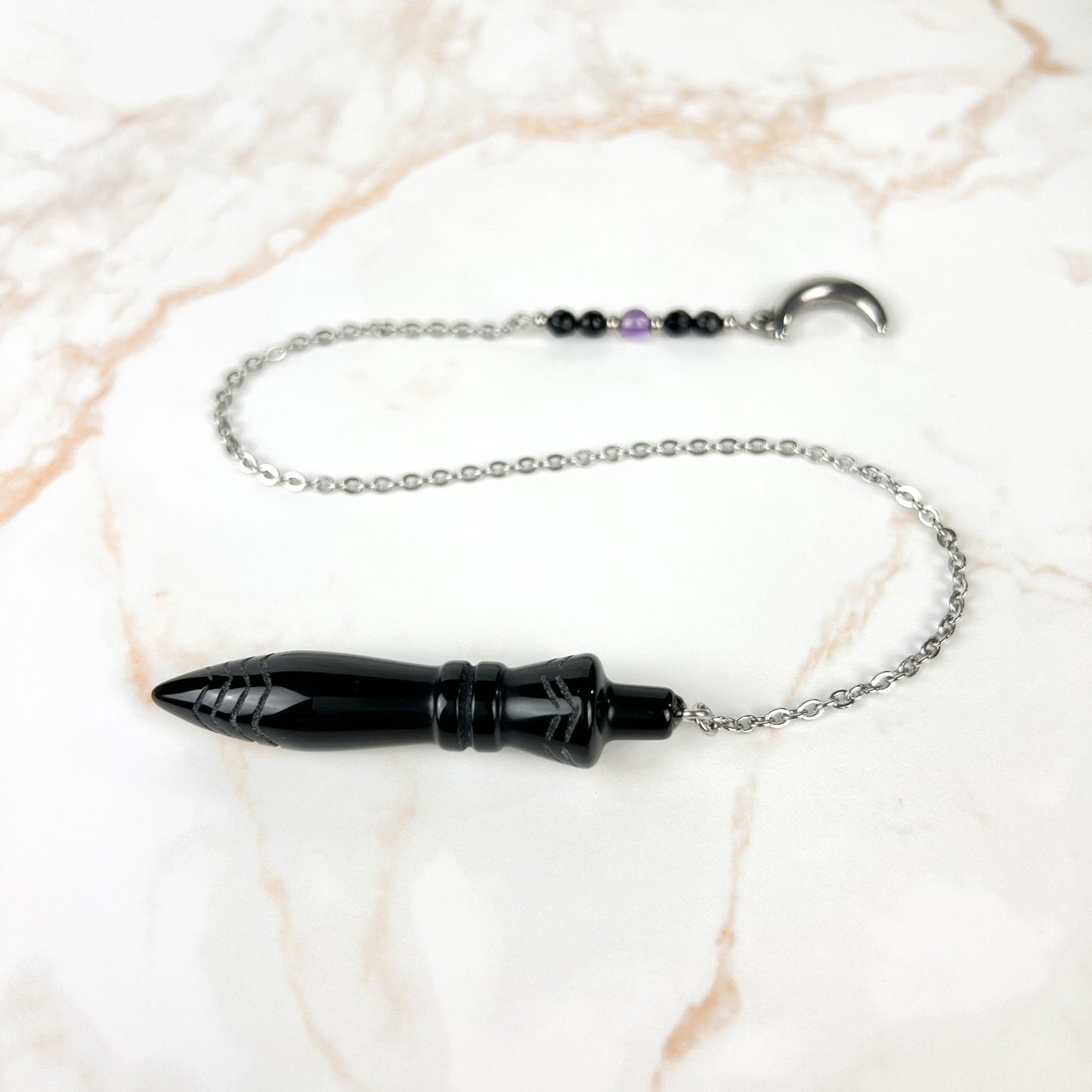 Engraved Egyptian Thot pendulum, obsidian, onyx, amethyst, stainless steel, Moon crescent charm