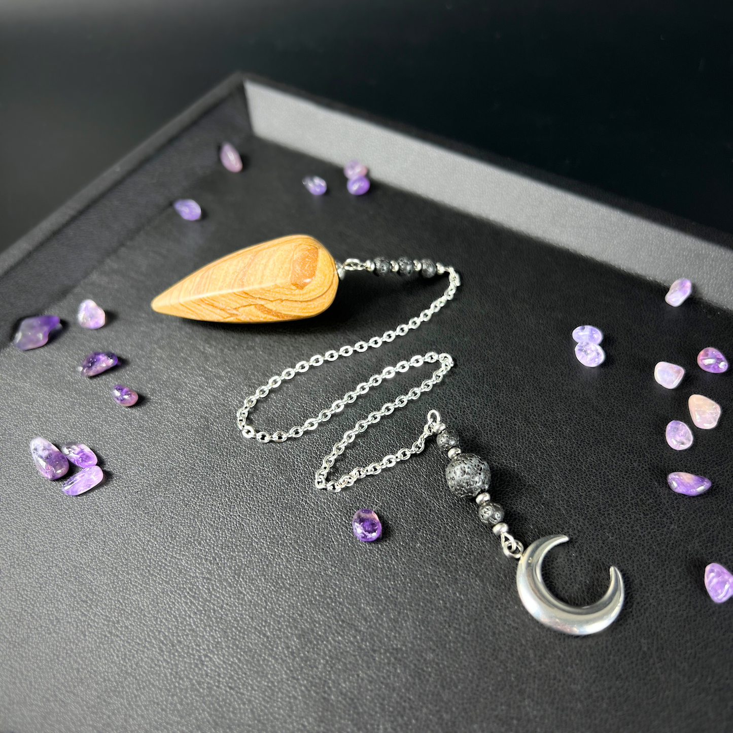 Picture jasper, lava rock and Moon crescent pendulum