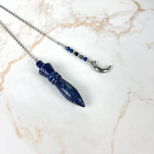 Engraved Egyptian Thot pendulum, lapis lazuli, onyx, stainless steel, Moon crescent charm