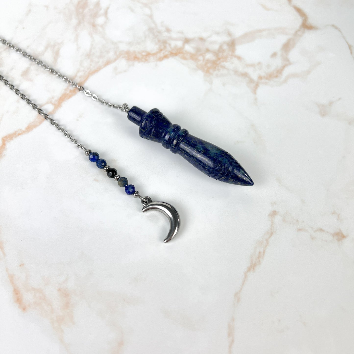 Engraved Egyptian Thot pendulum, lapis lazuli, onyx, stainless steel, Moon crescent charm