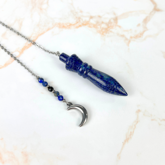 Pendule Thot égyptienne gravée, lapis lazuli, onyx, acier inoxydable, breloque croissant de Lune