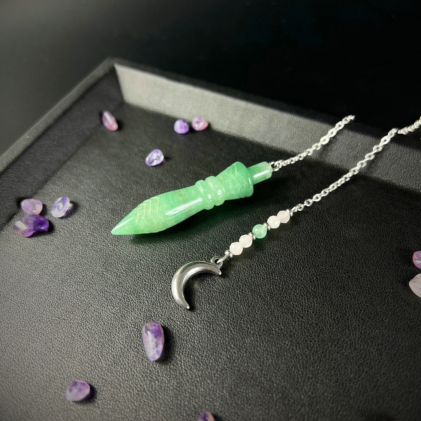 Engraved Egyptian Thot pendulum, Aventurine, Rose Quartz, Moon crescent charm