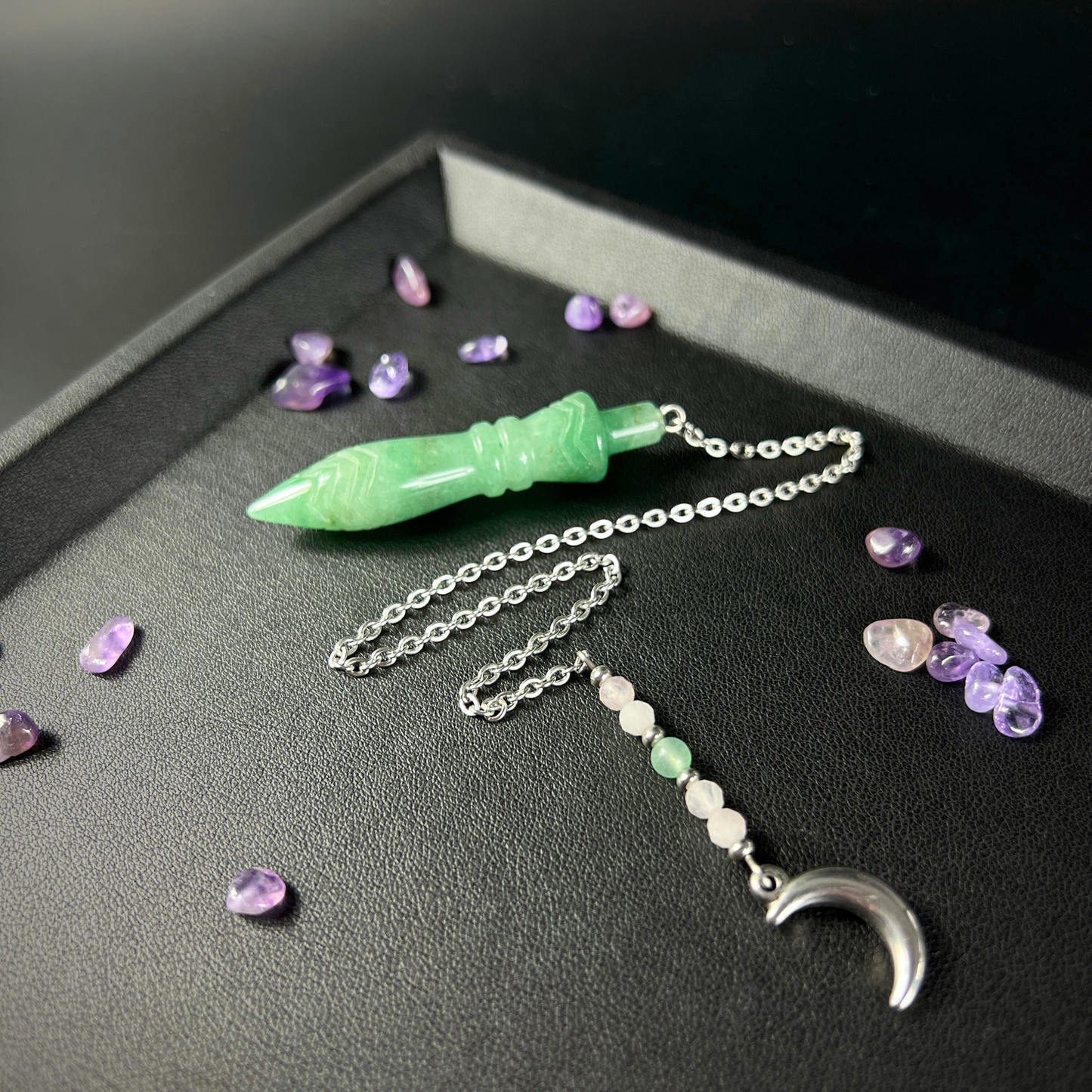 Engraved Egyptian Thot pendulum, Aventurine, Rose Quartz, Moon crescent charm