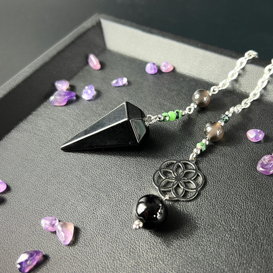 Obsidian, Ruby Zoisite & Onyx Dowsing Pendulum, with flower of life charm